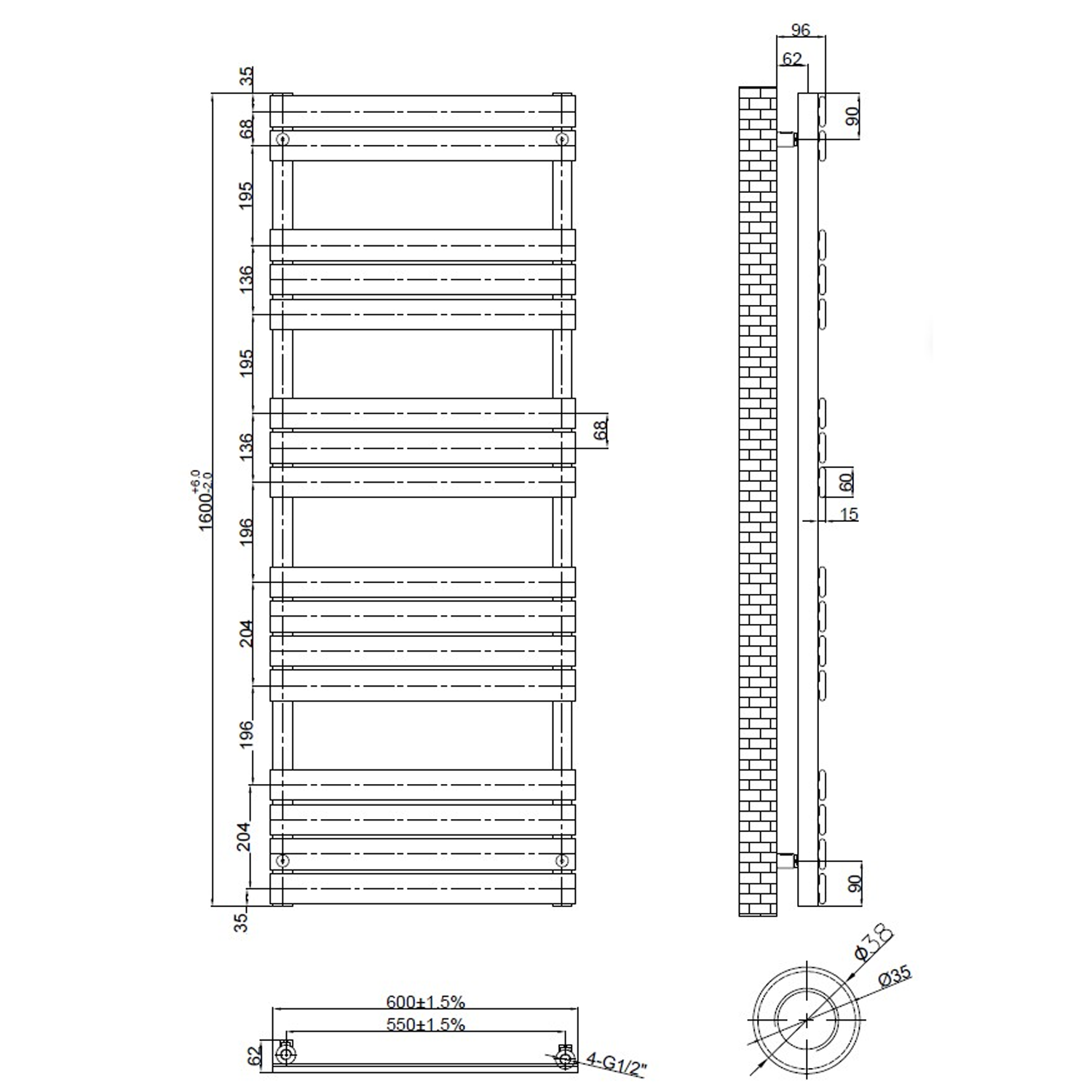 Brenton Avezzano White Flat Panel Heated Towel Rail - 1600 x 600mm