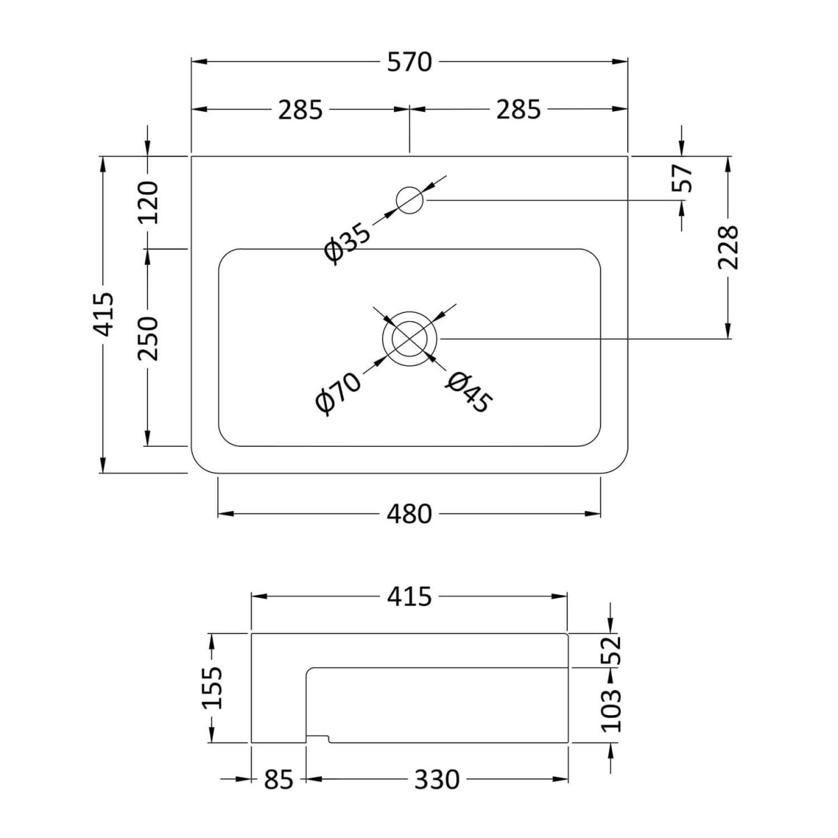 Hudson Reed 570mm Rectangular Semi-Recessed Countertop Basin