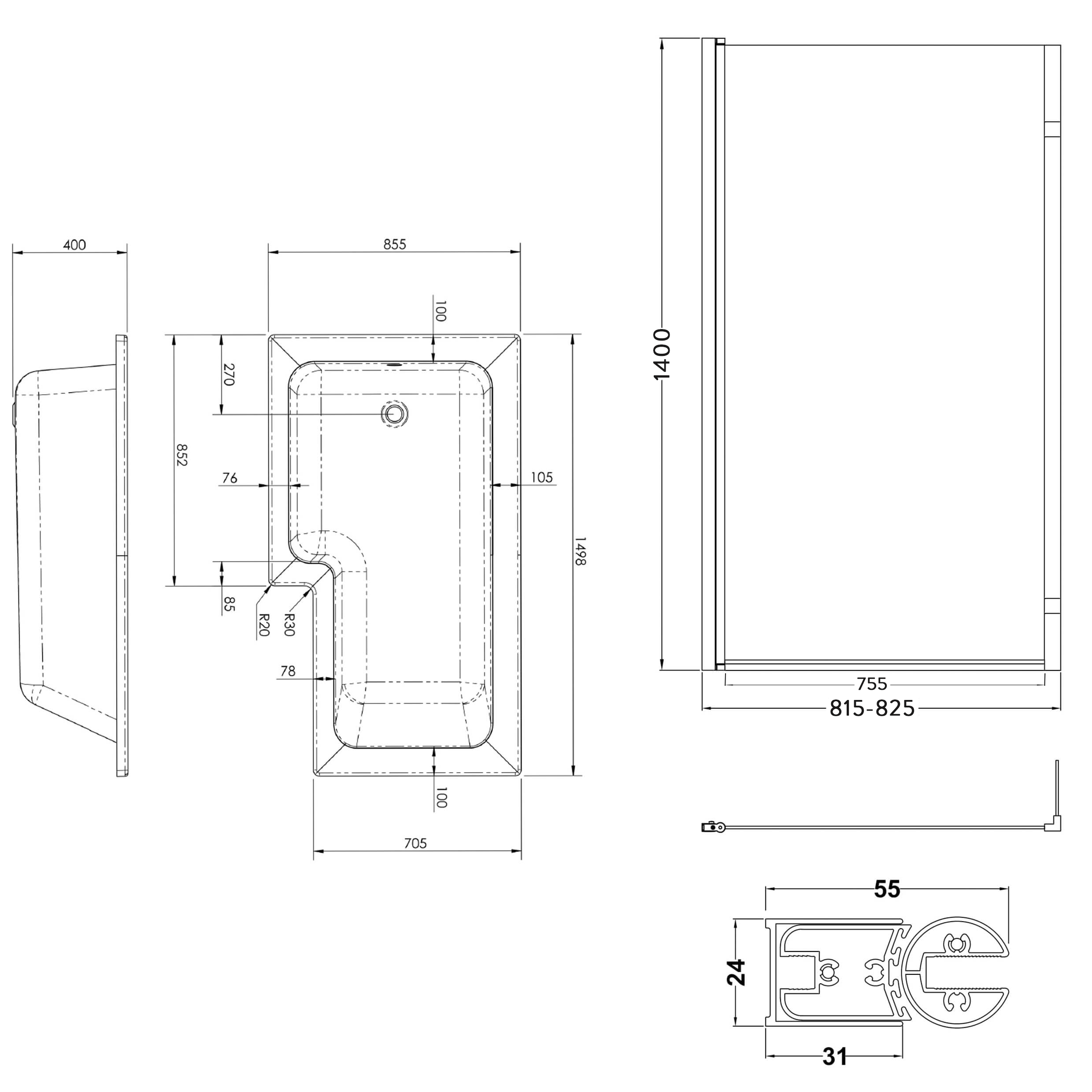 Drench L Shaped Shower Bath with Panel and Shower Screen - 1500mm