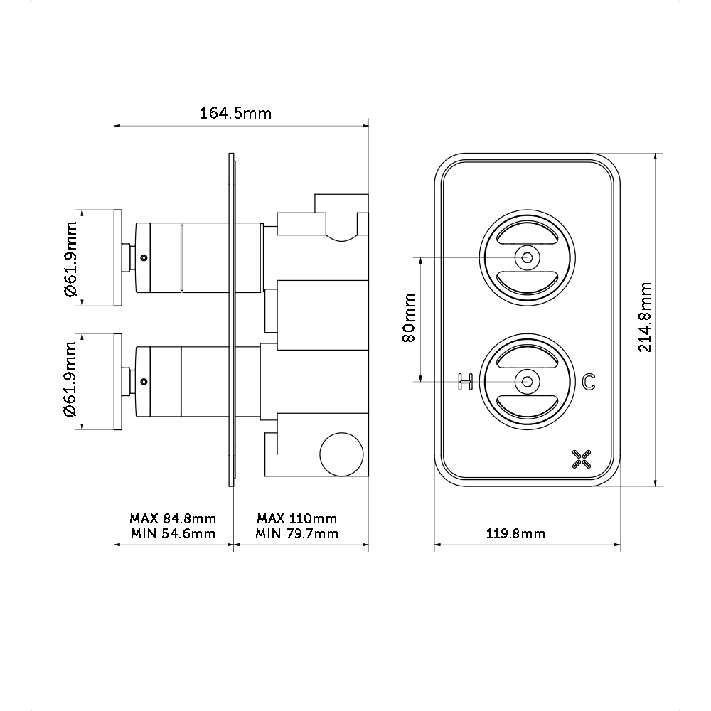 Crosswater Union 2 Outlet Concealed Thermostatic Shower Valve with Wheels - Brushed Black Chrome