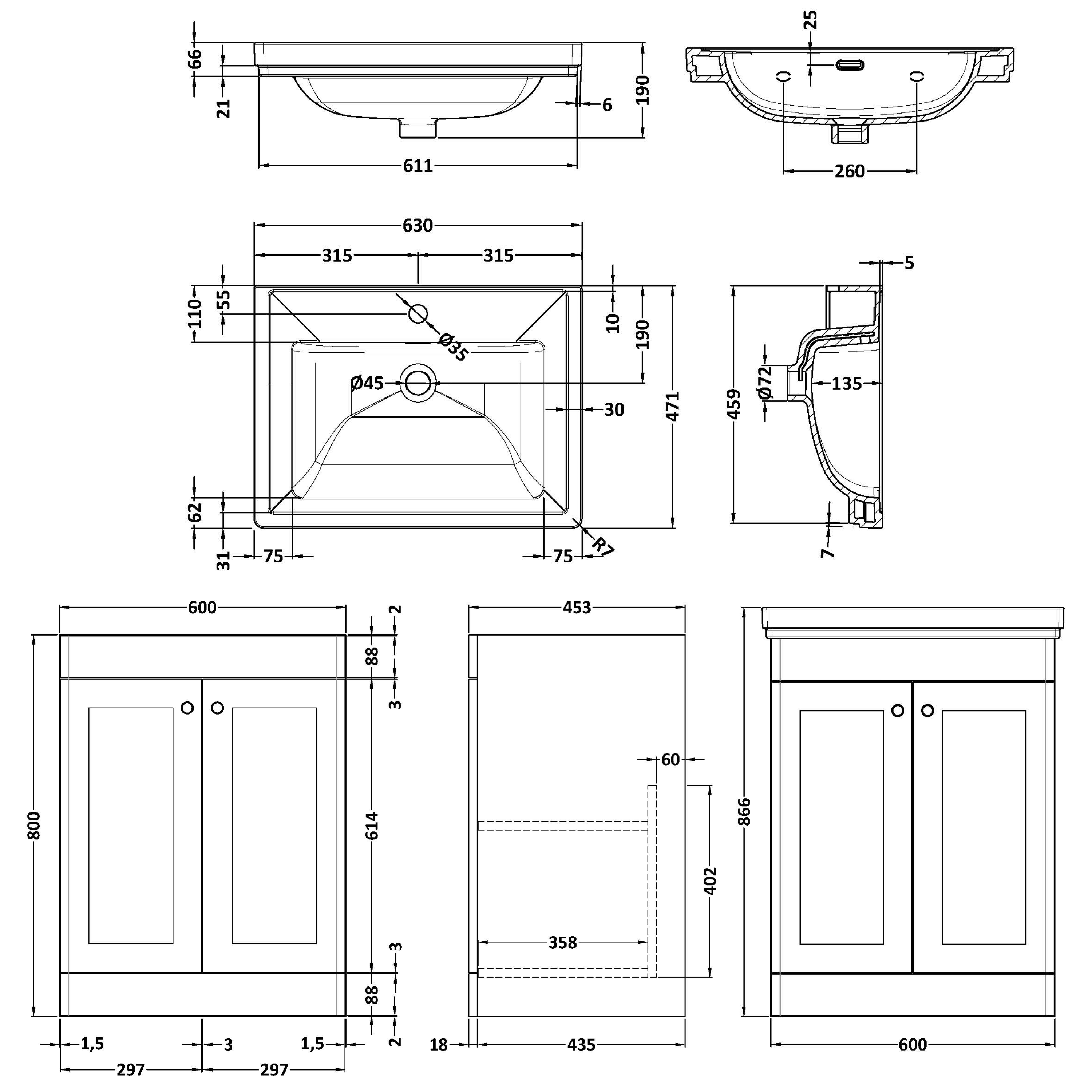 Butler & Rose Ophelia 600mm Floorstanding 2 Door Vanity Unit & Basin