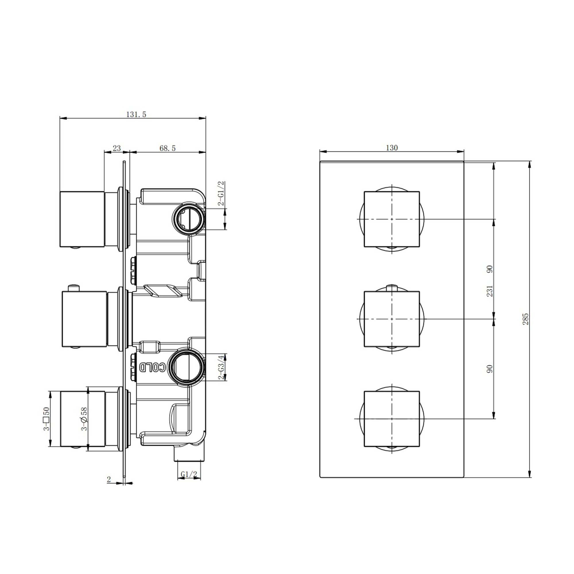 Harbour Status Matt Black Square 3 Outlet Concealed Thermostatic Mixer Valve