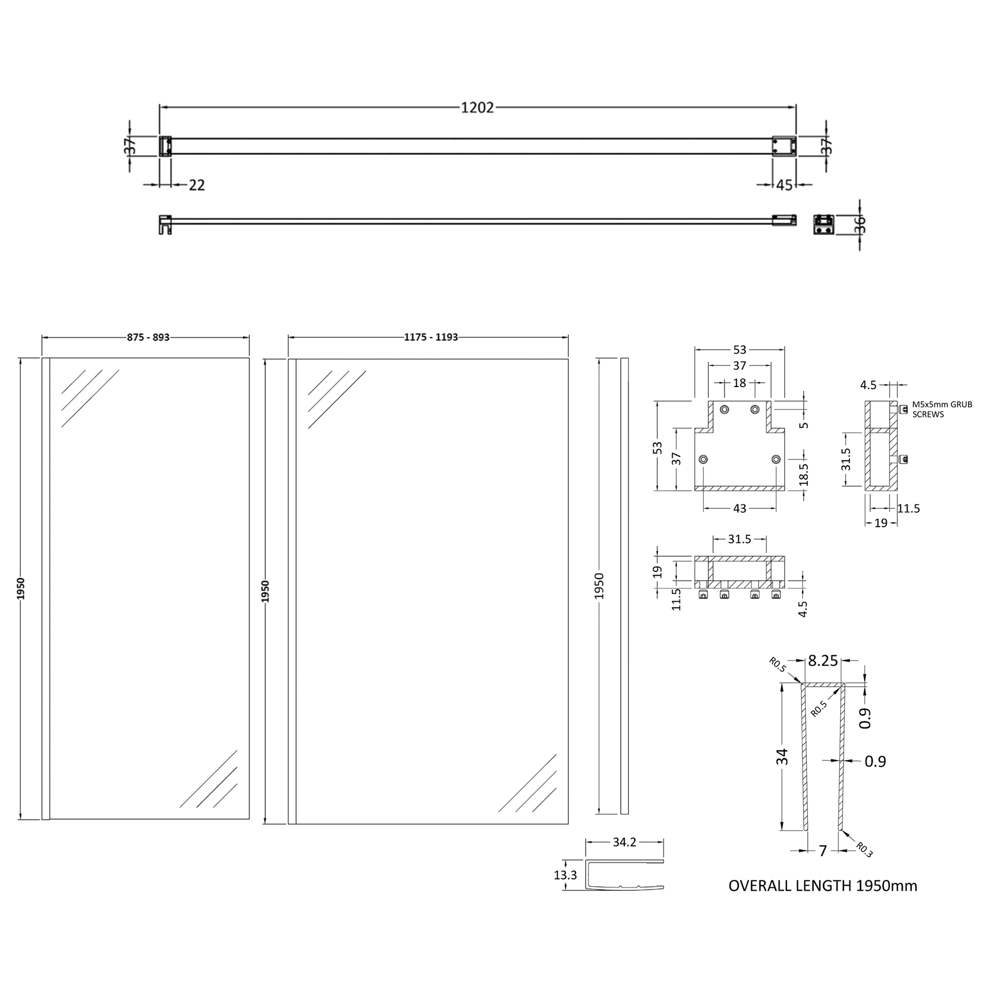 Harbour Frame Matt Black Walk in Glass Shower Screen 2 Panel Pack with Support Bar