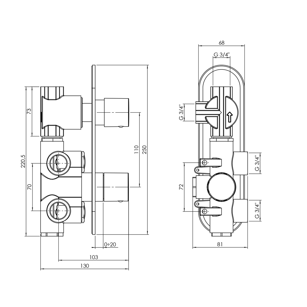 Crosswater Central Concealed Thermostatic Shower Valve with 2 Way Diverter
