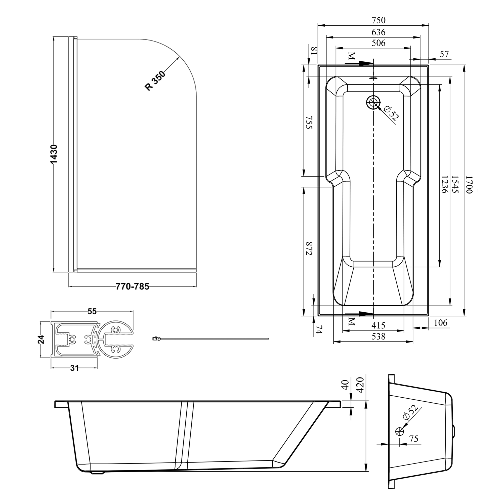 Armourcast Reinforced Keyhole Shower Bath & Matt Black Shower Screen - 1700mm