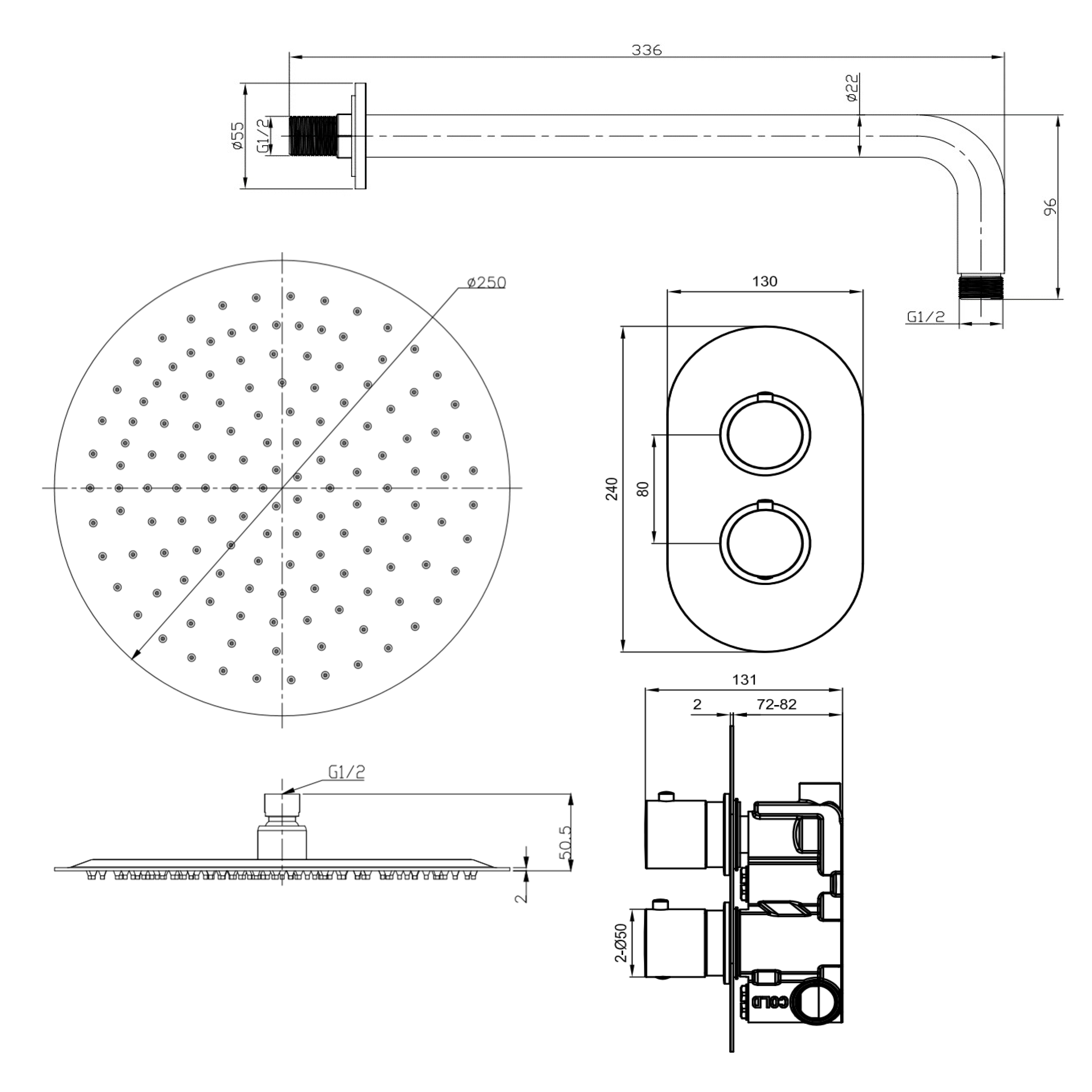 Harbour Clarity Brushed Brass Concealed Shower Valve, Fixed Shower Arm & Head