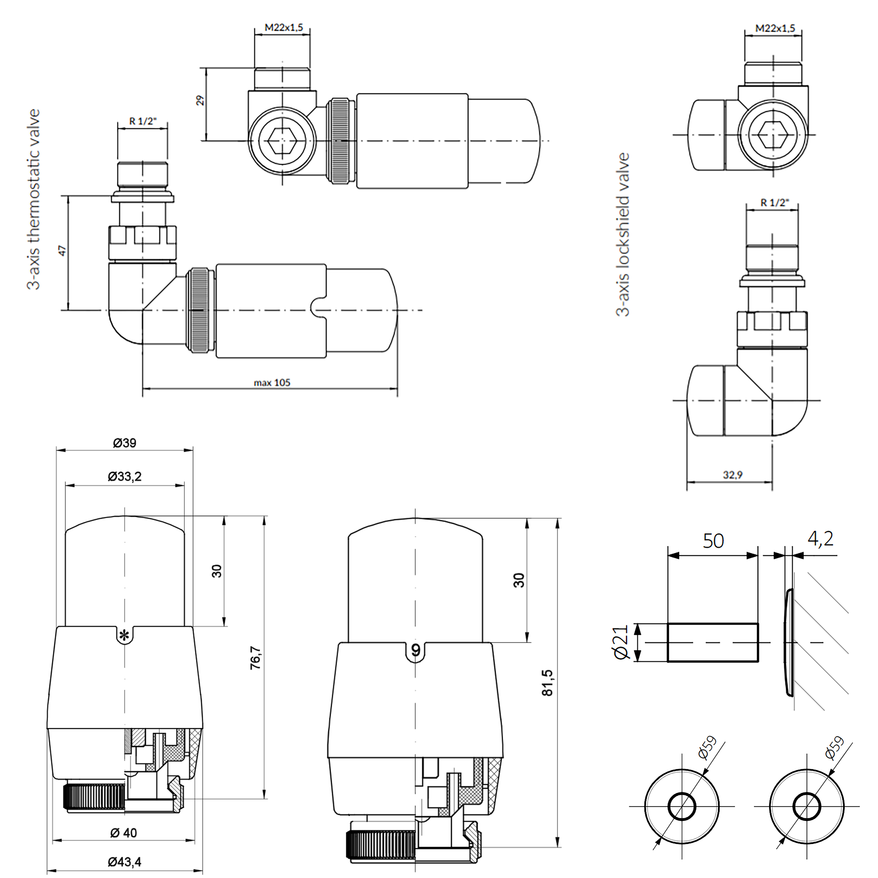 Terma Vario Vision 3 Axis Thermostatic Corner Valves with Pipe Masking - Left or Right Hand