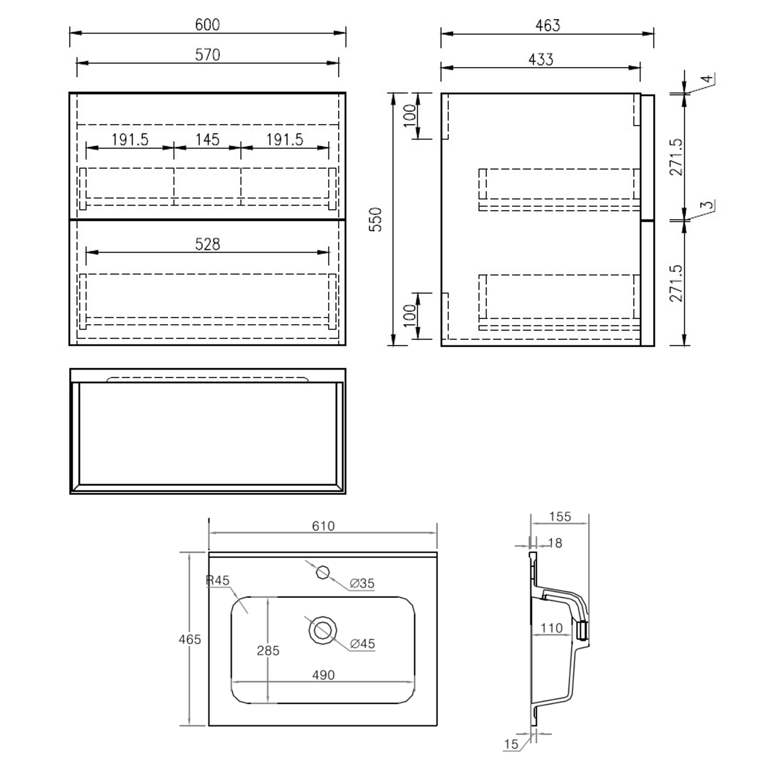Aura 600mm Wall Mounted Natural Oak Vanity Unit & Matt White Basin