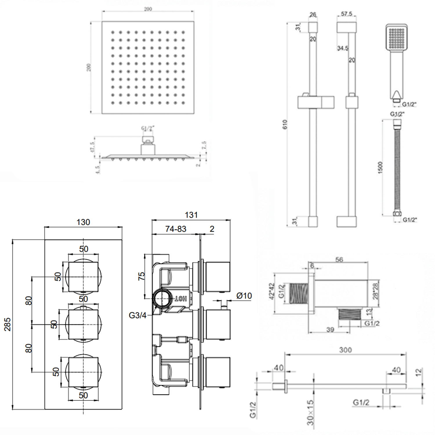Harbour Status Concealed Shower Valve, Fixed Wall Mounted Head & Slide Rail Kit - Matt Black