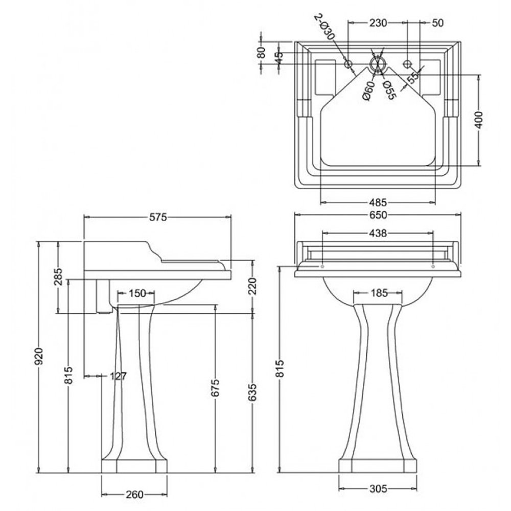 Burlington Classic Rectangular Pedestal Basin & Invisible Overflow