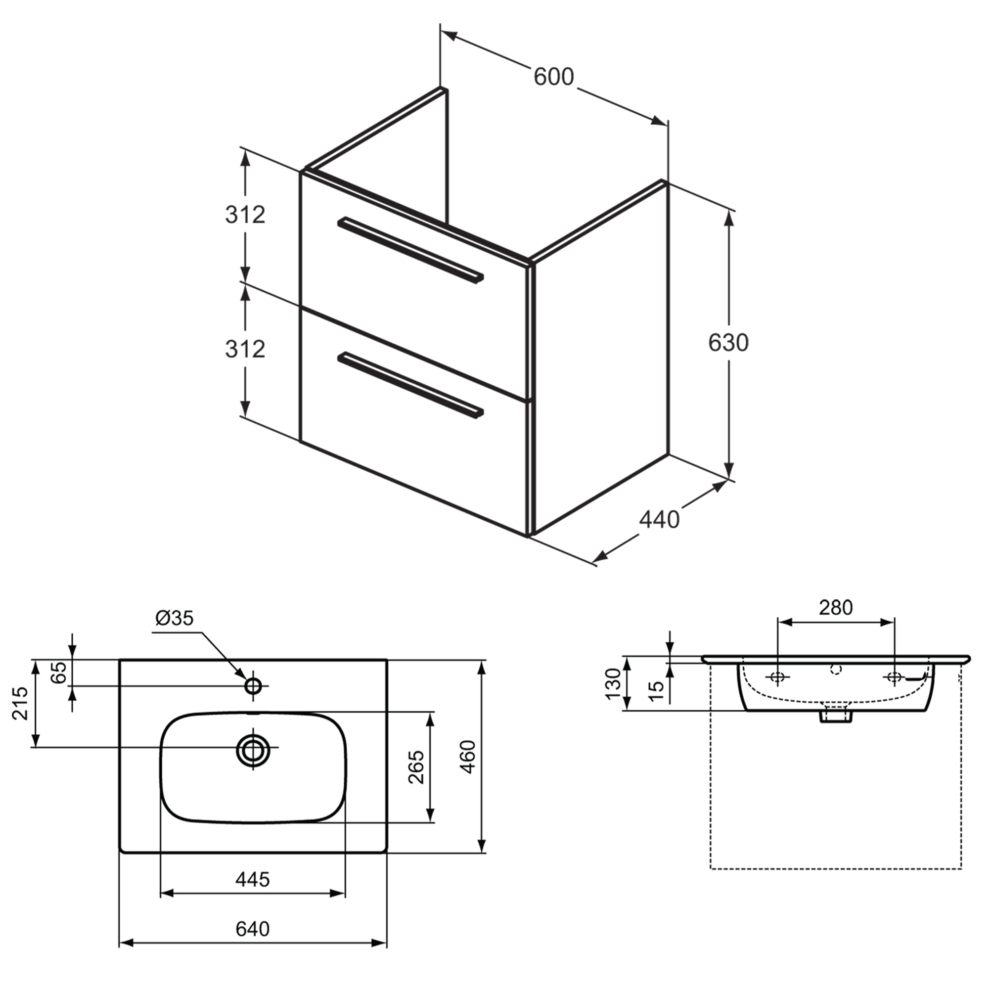 Ideal Standard i.life A 640mm Wall Mounted 2 Drawer Vanity Unit & Basin