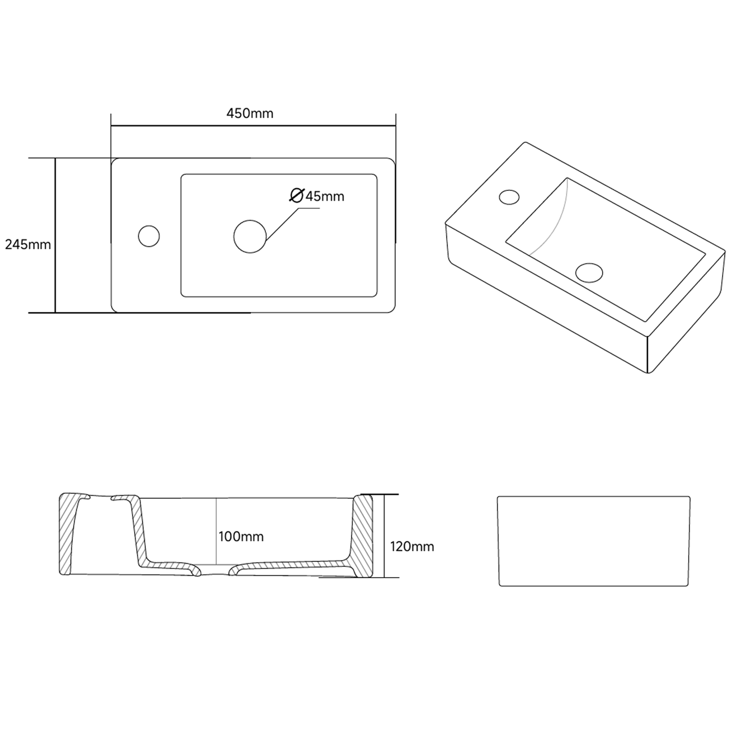 Daisy Matt Black Wall Hung Cloakroom Basin - 450 x 245mm