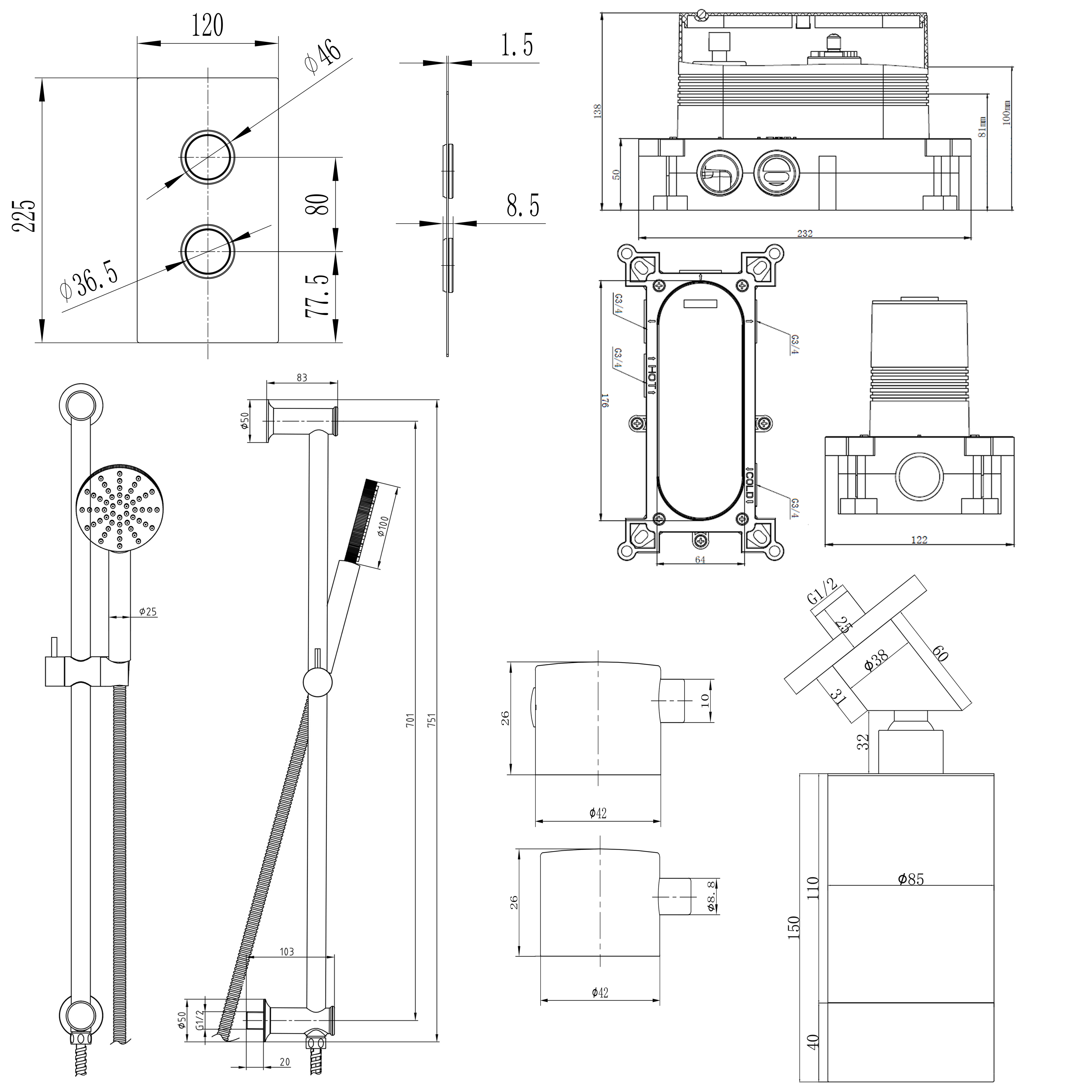 Core Shower Package with 2 Outlet Concealed Valve with Wall Mounted Fluted Spotlight Shower Head & Fluted Handset Slide Rail Kit
