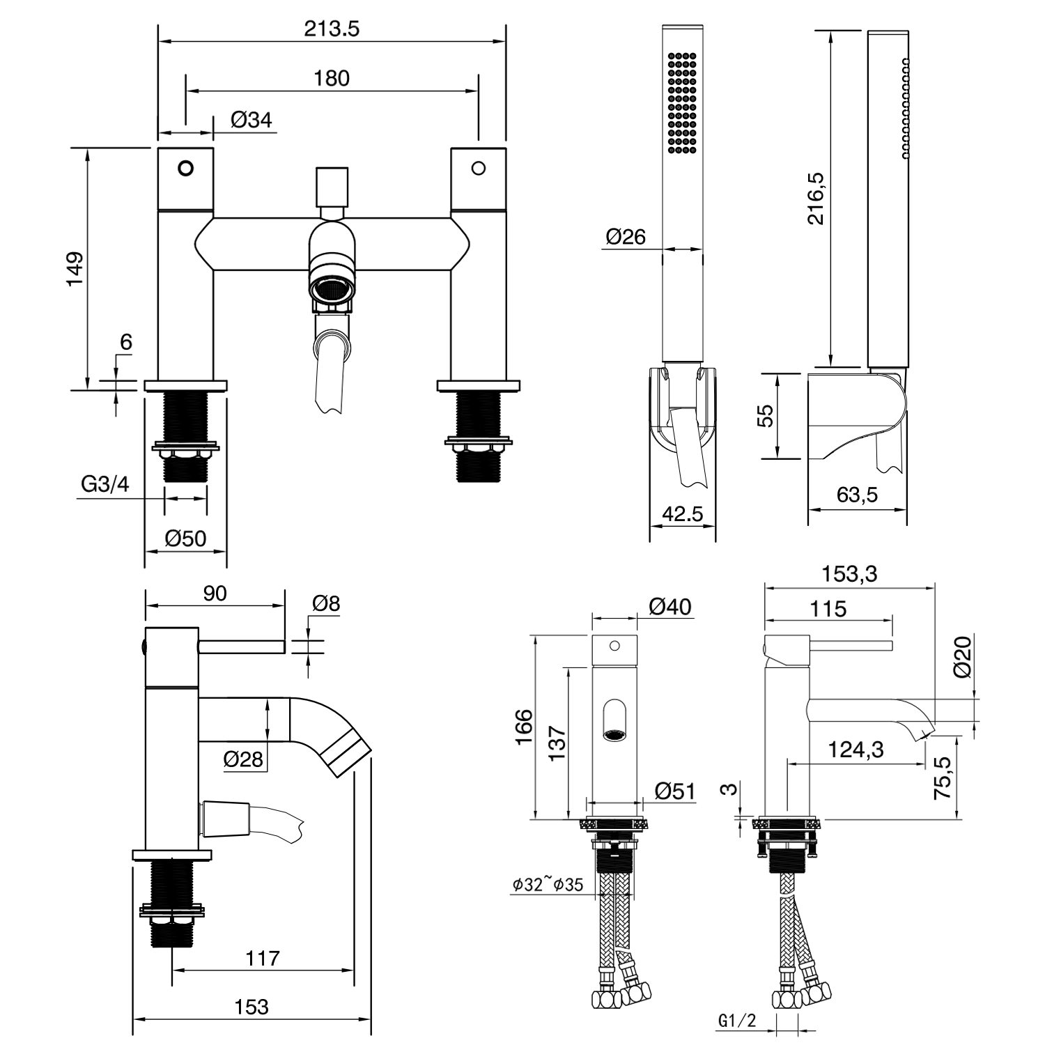 Harbour Clarity Brushed Brass Basin Mixer Tap & Waste and Bath Shower Mixer Tap with Shower Kit