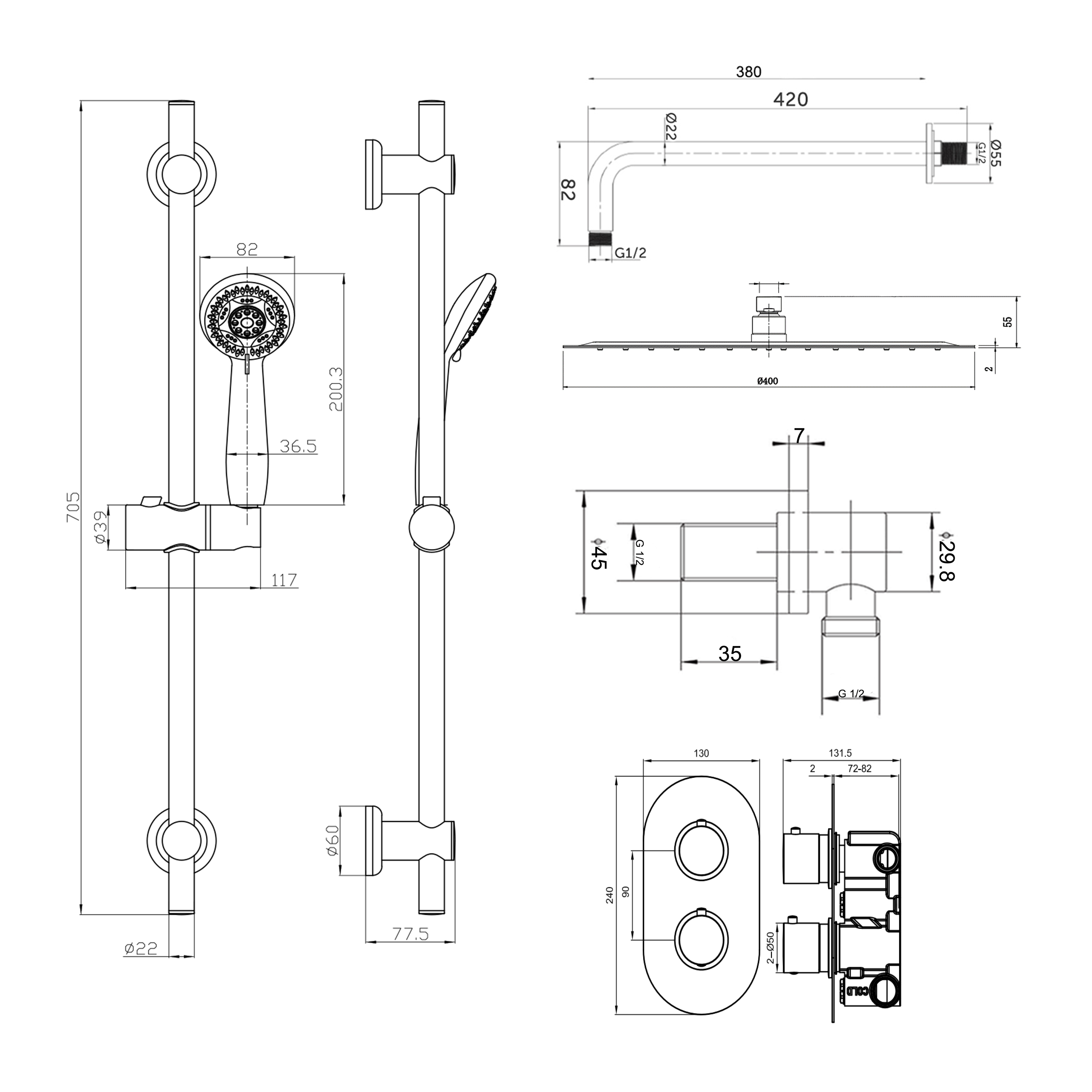 Orla Concealed Shower Valve, Fixed Head & Slide Rail Kit
