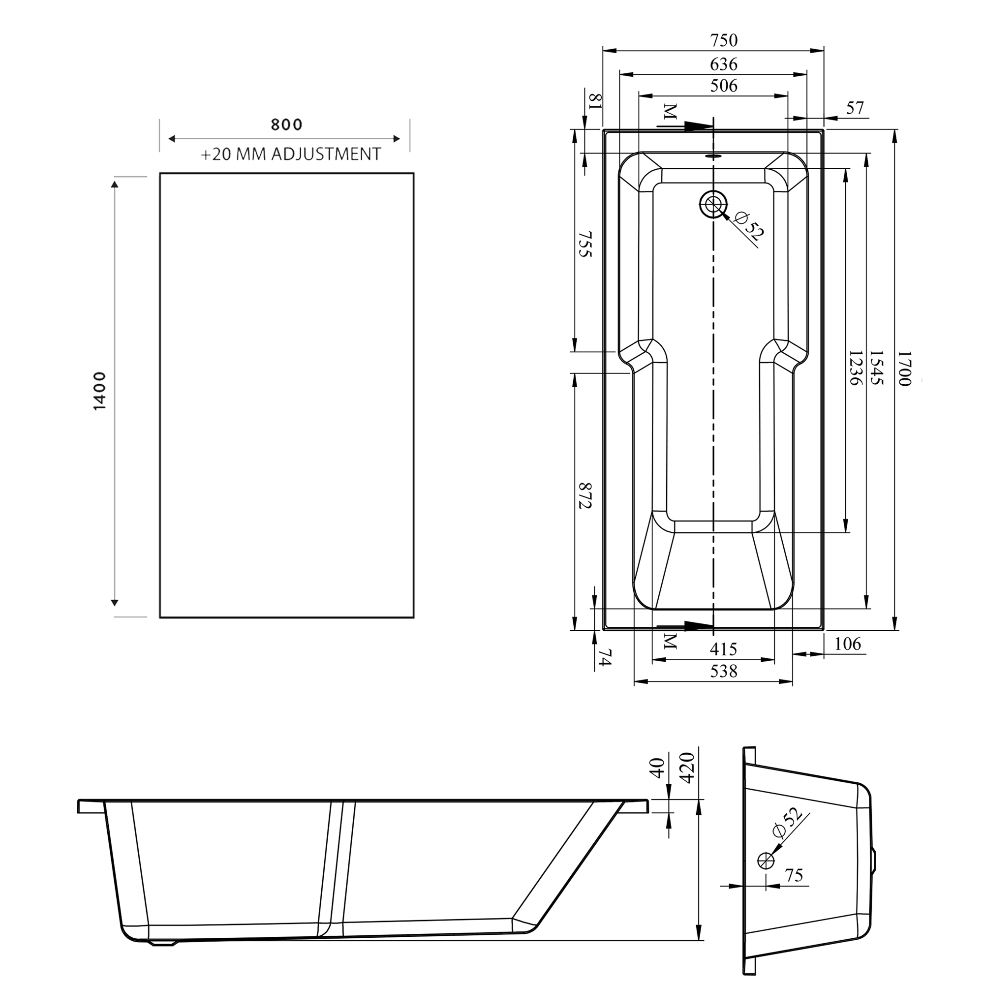 Armourcast Reinforced Keyhole Shower Bath with Shower Screen - 1700mm
