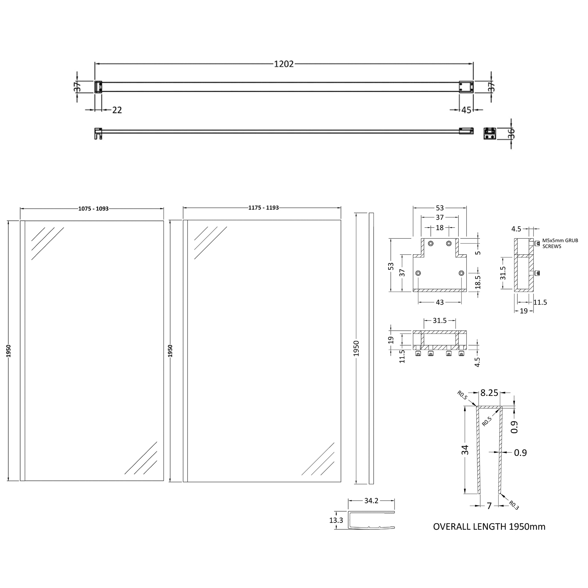 Harbour Frame Brushed Brass Walk in Glass Shower Screen 2 Panel Pack with Support Bar