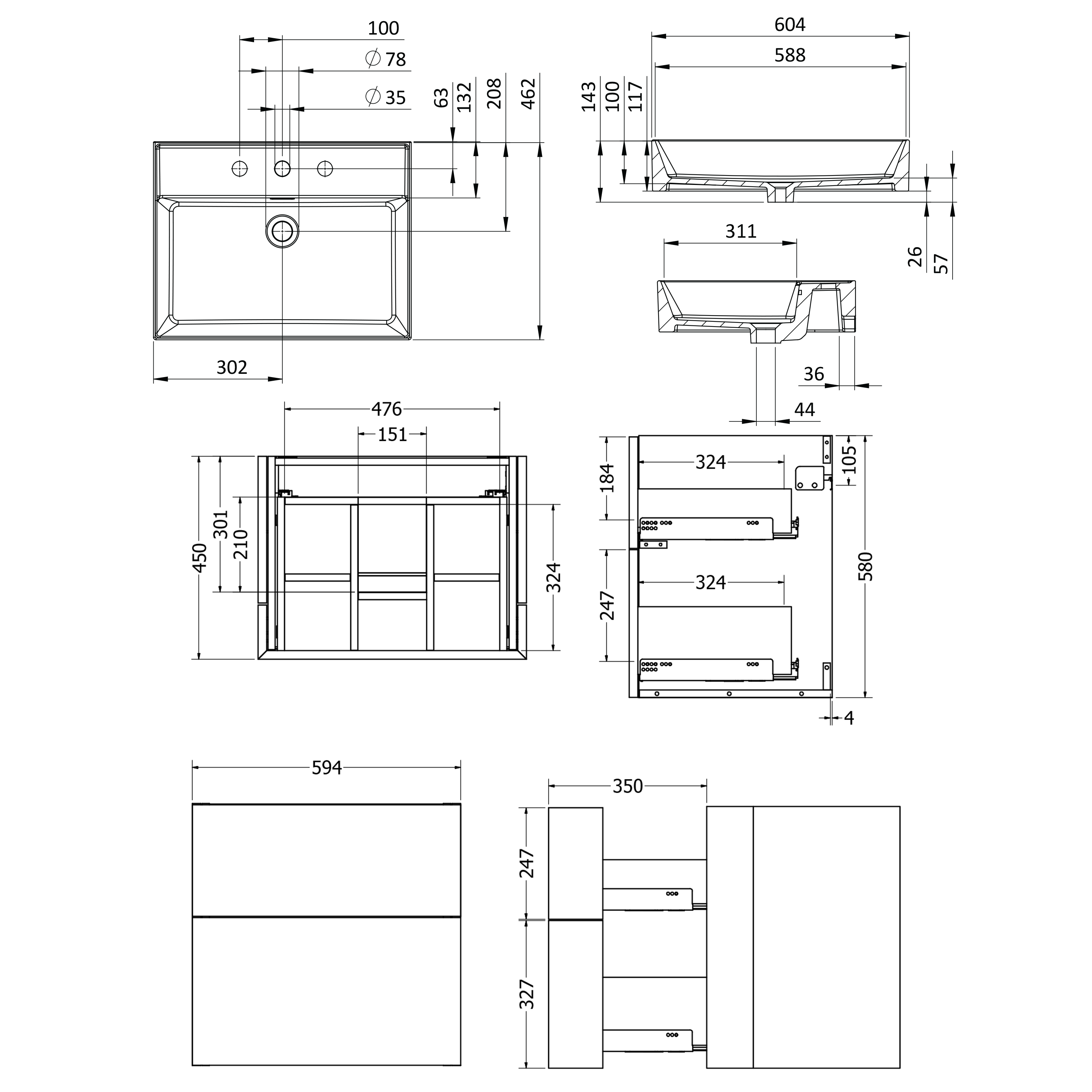 Crosswater Avenue 600mm Wall Mounted Double Drawer Vanity Unit & Fine Fire Clay Basin