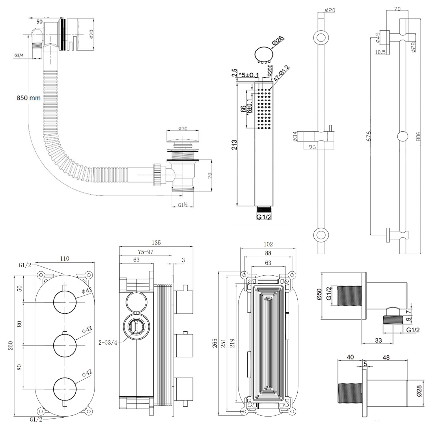 Harbour Clarity Brushed Bronze Shower Package with 2 Outlet Valve, Slide Rail Kit and Overflow Bath Filler