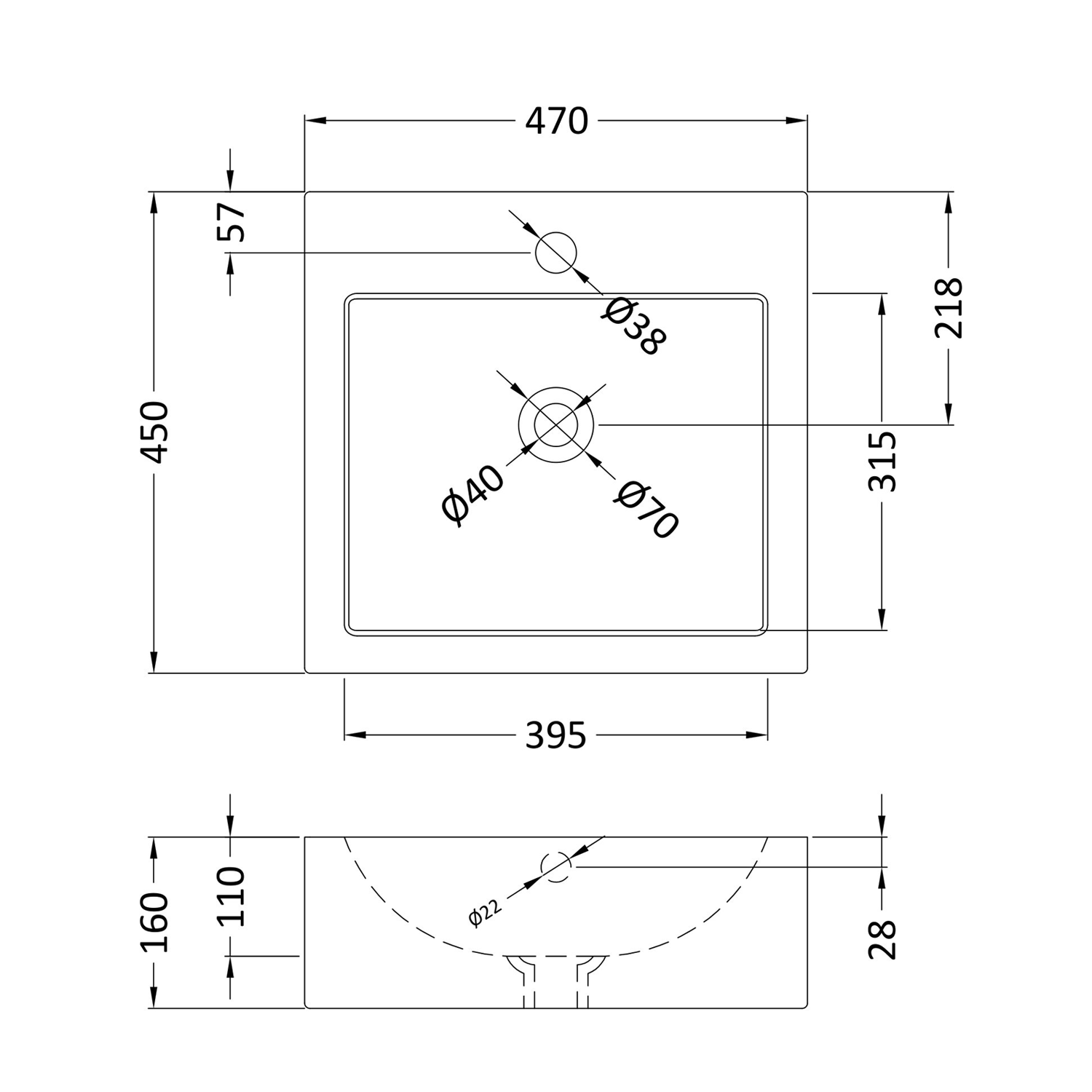 Alana 470mm Rectangular Countertop Basin