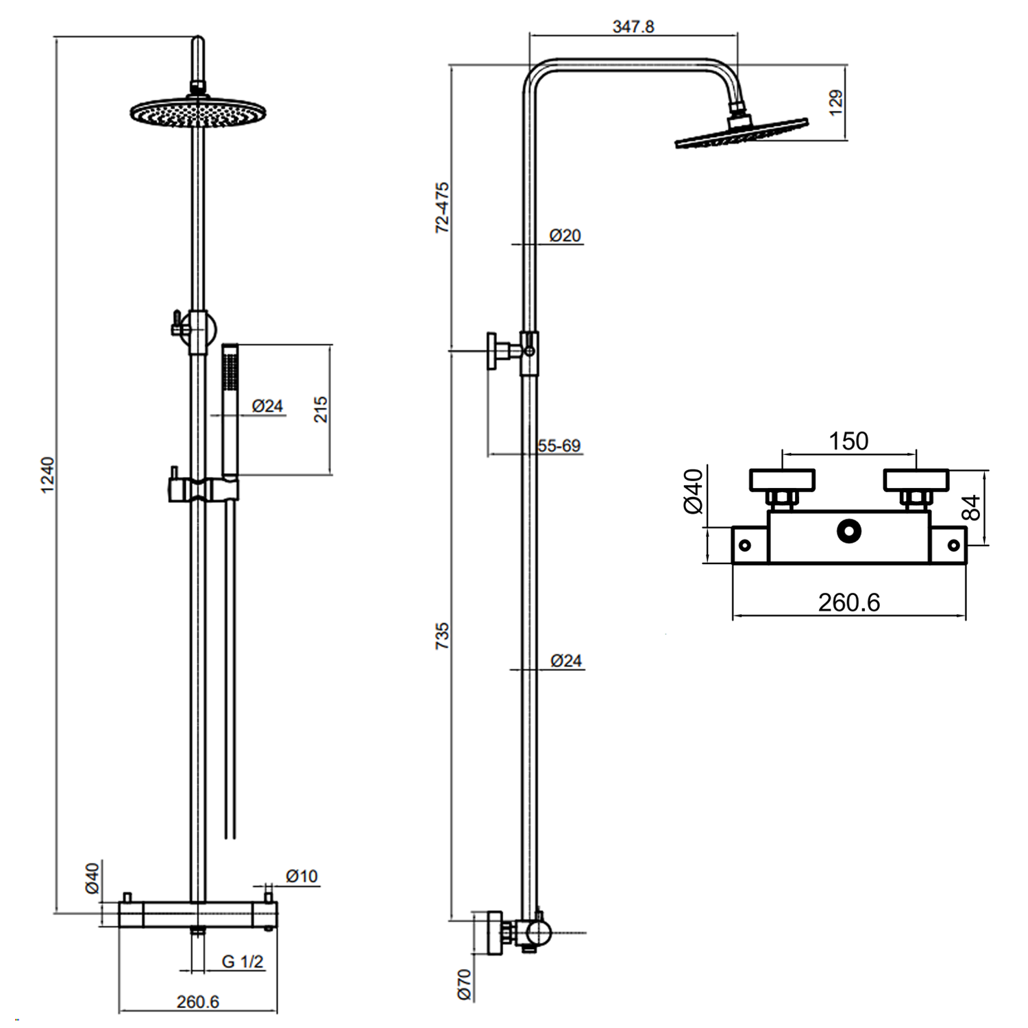 VOS 2 Outlet Thermostatic Exposed Rigid Riser Shower Kit - Brushed Bronze