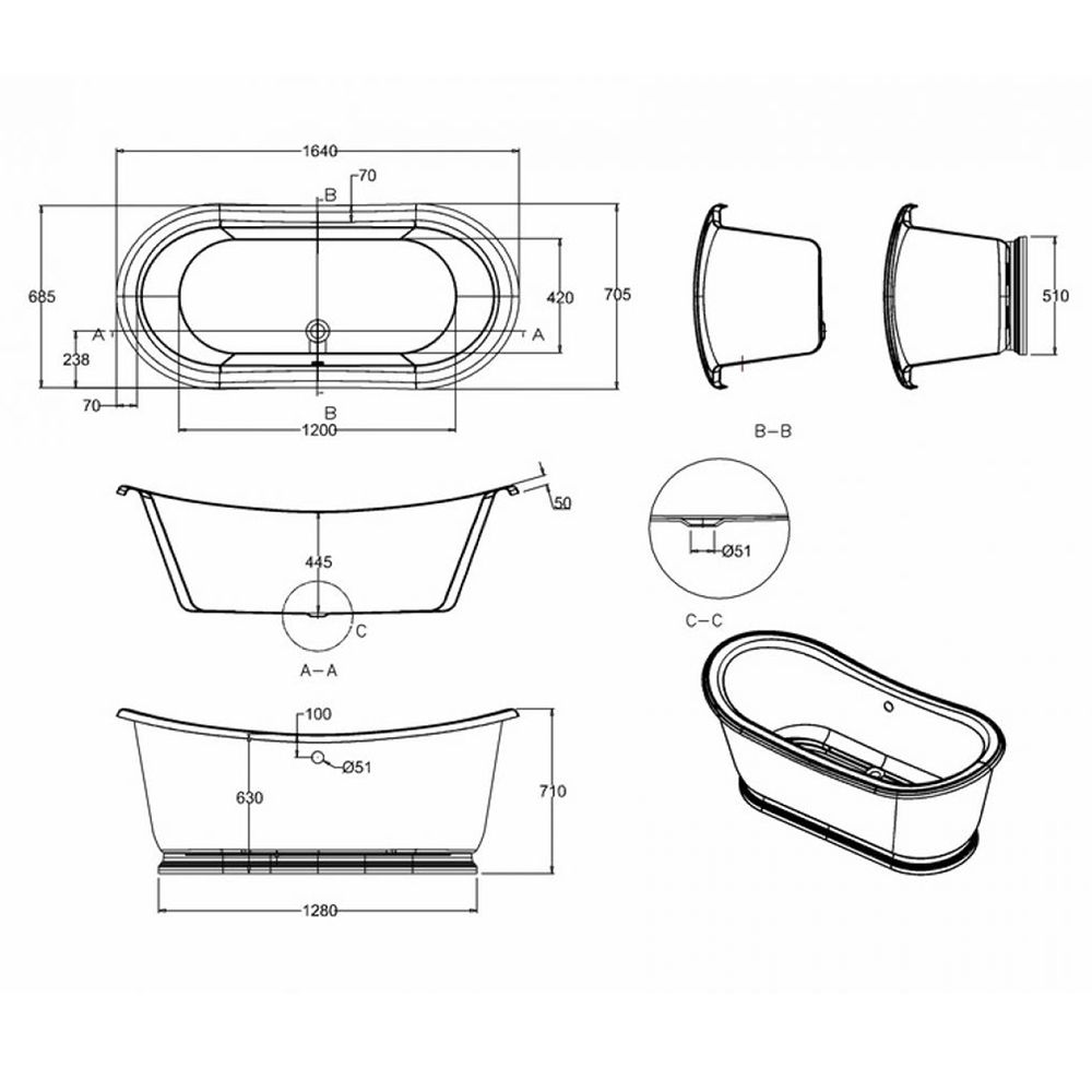 Burlington Admiral Freestanding Roll Top Bath - 1650 x 705mm & 1800 x 885mm