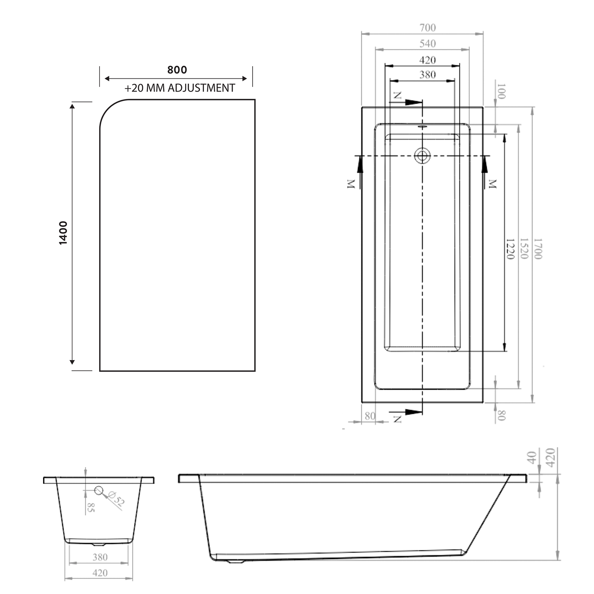 Armourcast Reinforced Straight Square Single Ended Bath with Shower Screen