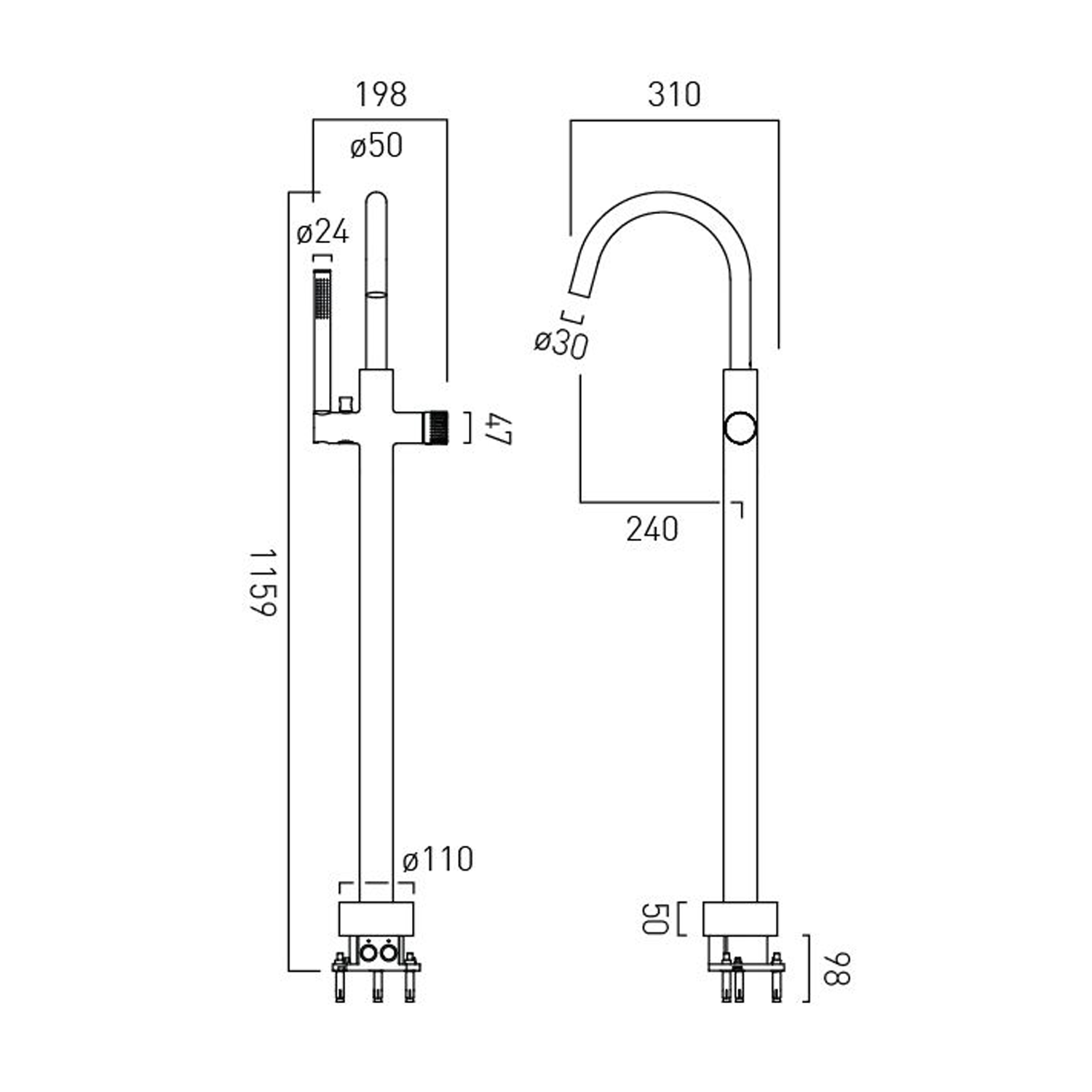Vado Safari Leverless Deck Mounted Bath Shower Mixer Tap with Wall Mounted Shower Handset