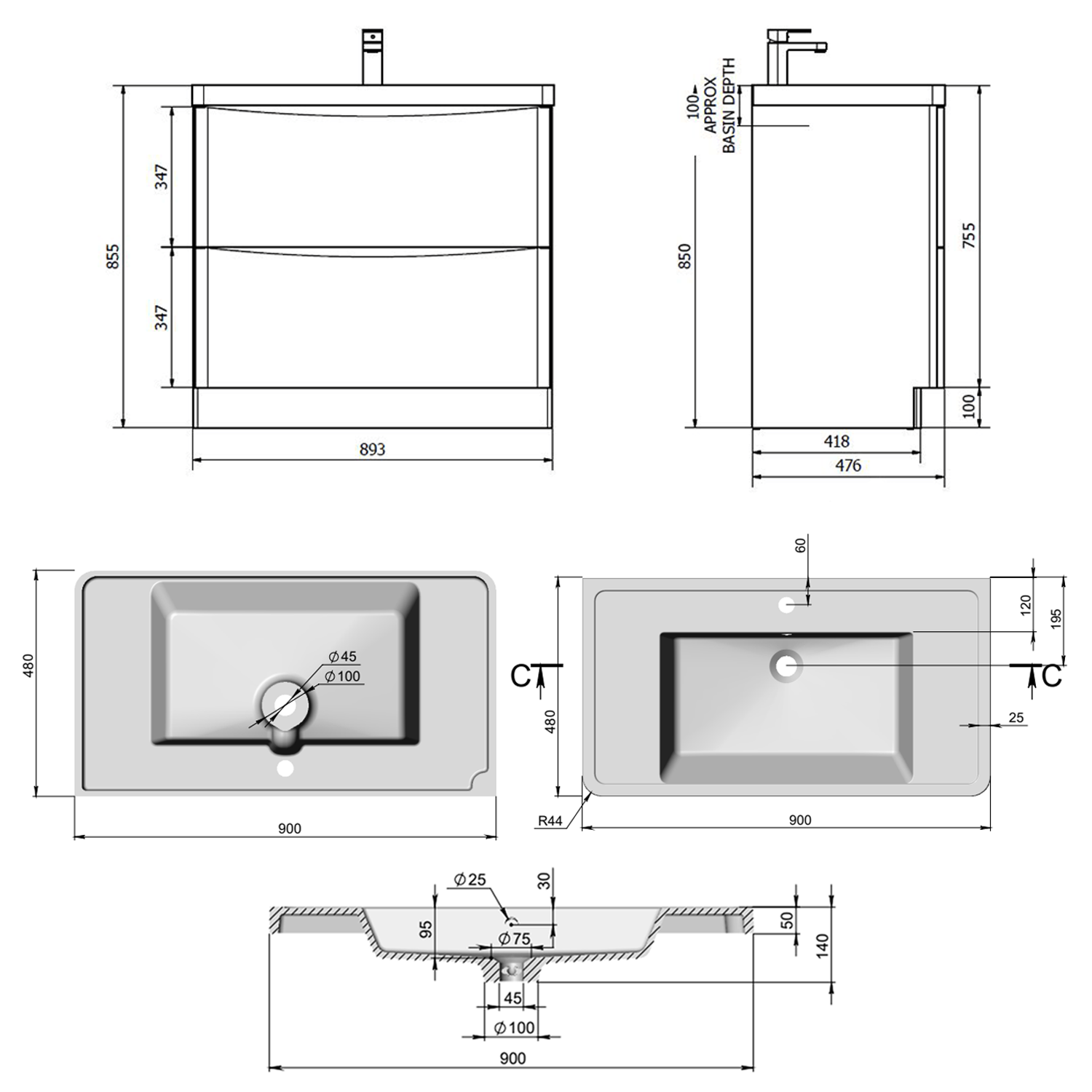 Harbour Clarity 900mm Floorstanding Concrete Vanity Unit & Basin