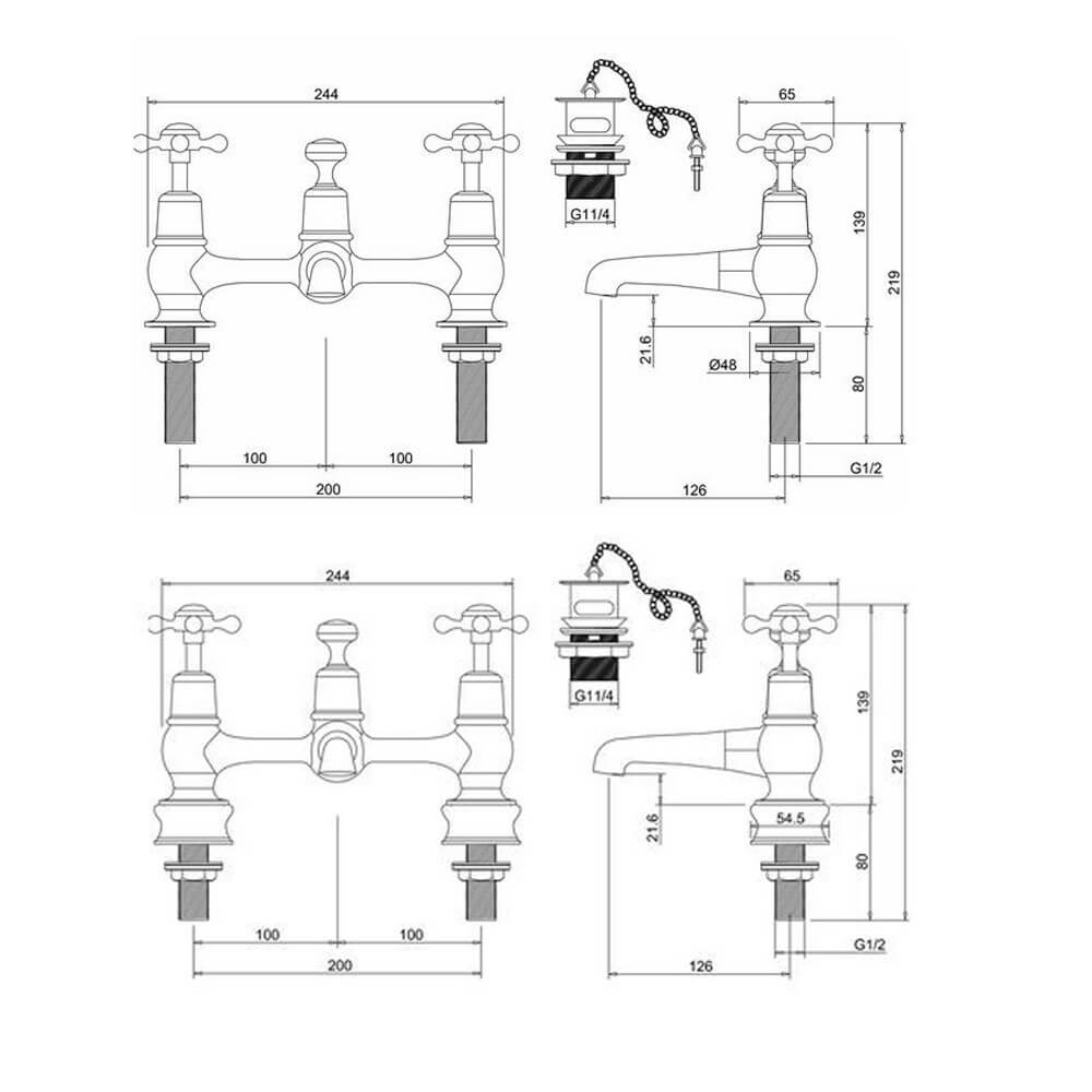 Burlington Claremont Bridge Mixer Tap with Swiveling Spout and with Plug and Chain Waste