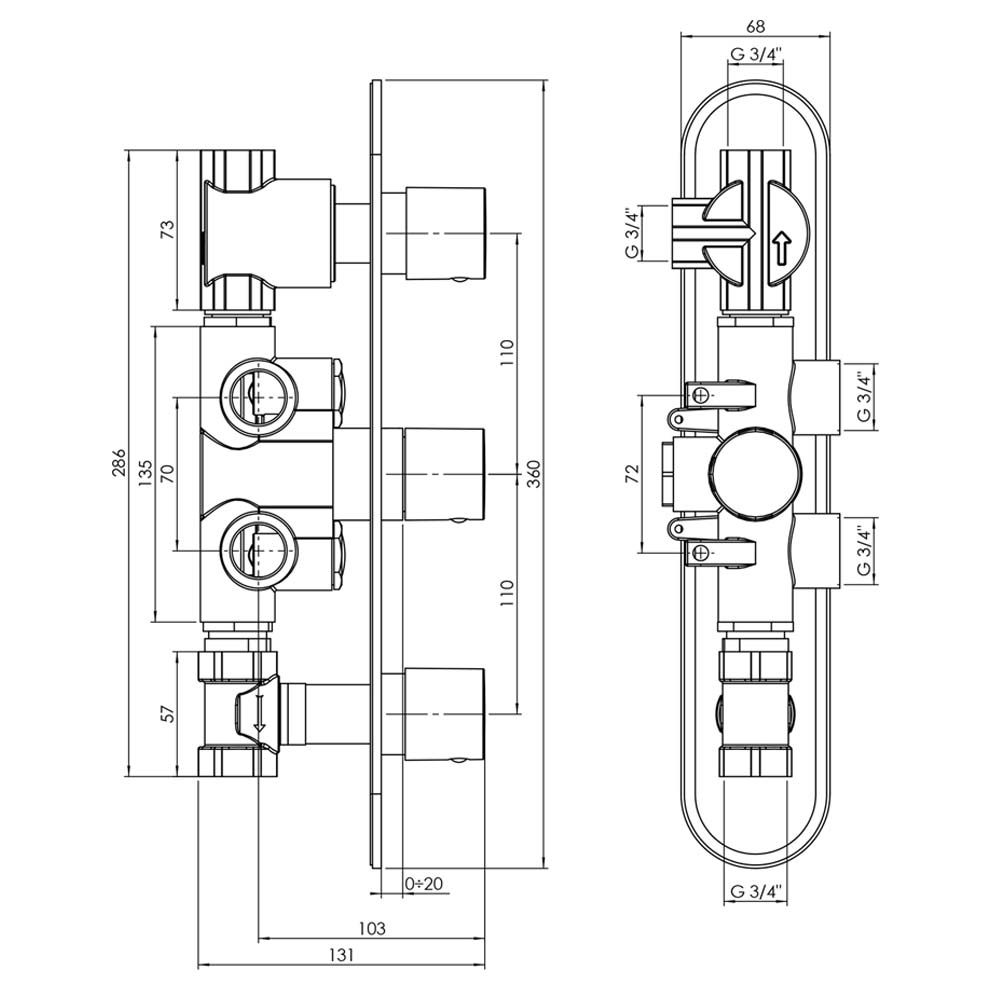 Crosswater Central Concealed Thermostatic Shower Valve with 3 Way Diverter