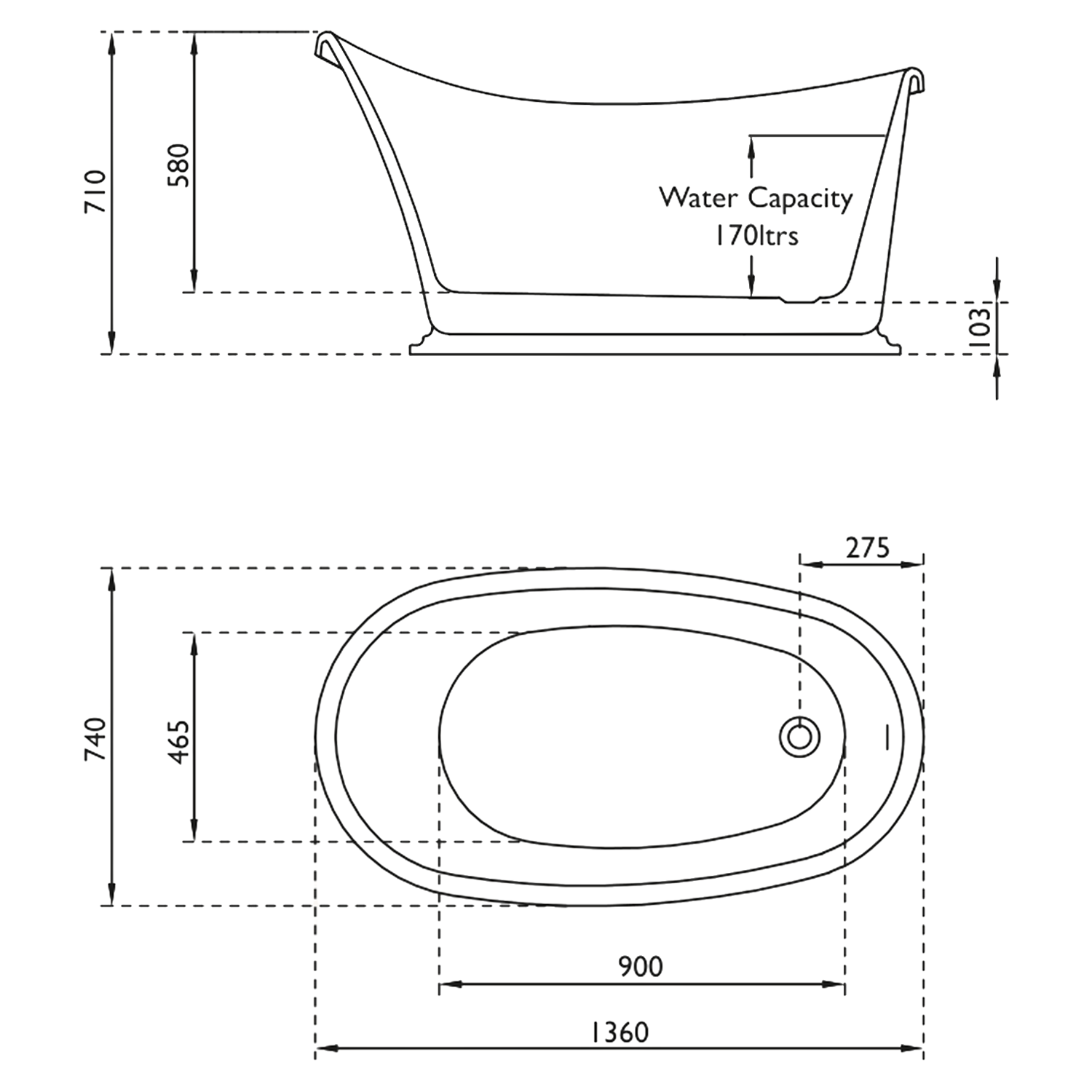 Vincent Alexander Tynemouth White Small Freestanding Bath - 1360 x 740mm