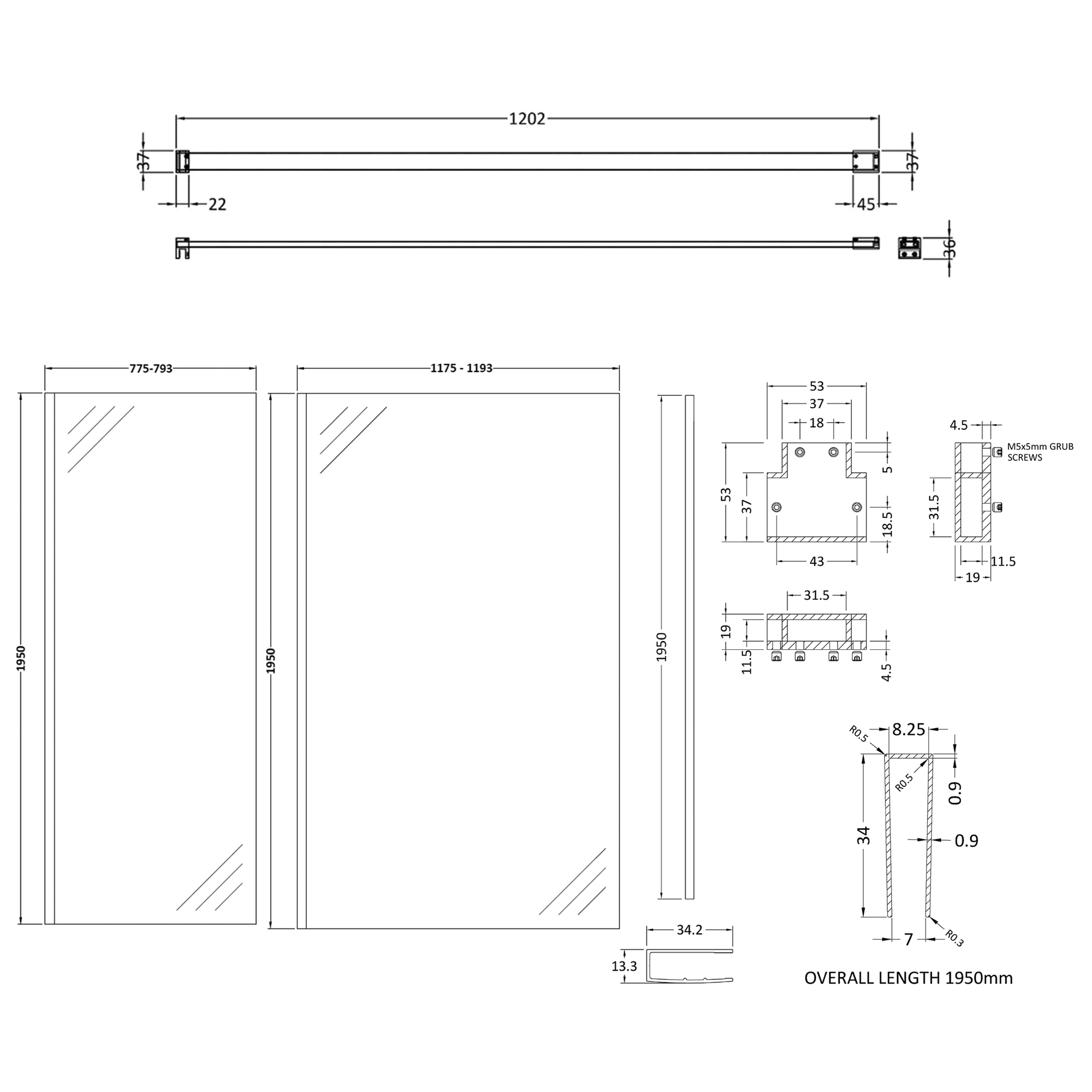 Harbour Frame Brushed Brass Walk in Glass Shower Screen 2 Panel Pack with Support Bar