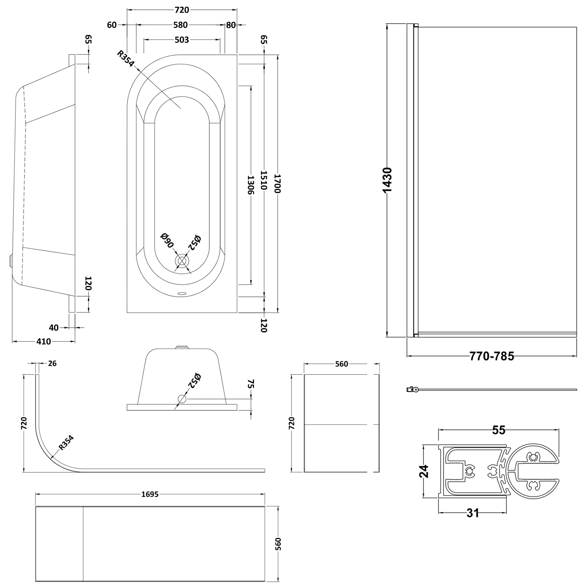 Drench J Shaped Shower Bath with Panel & Shower Screen - 1700mm