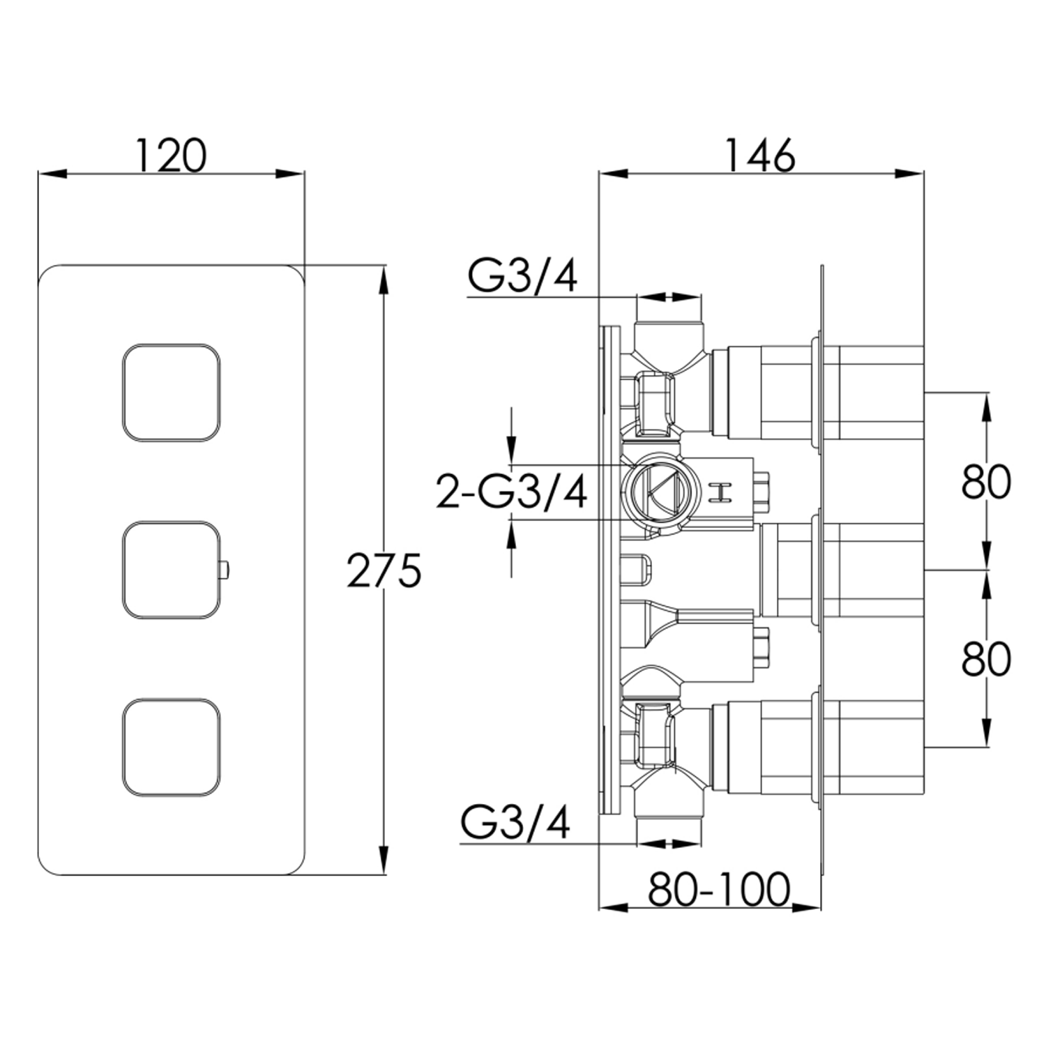 HIX 3 Handle 2 Outlet Concealed Thermostatic Horizontal Shower Valve