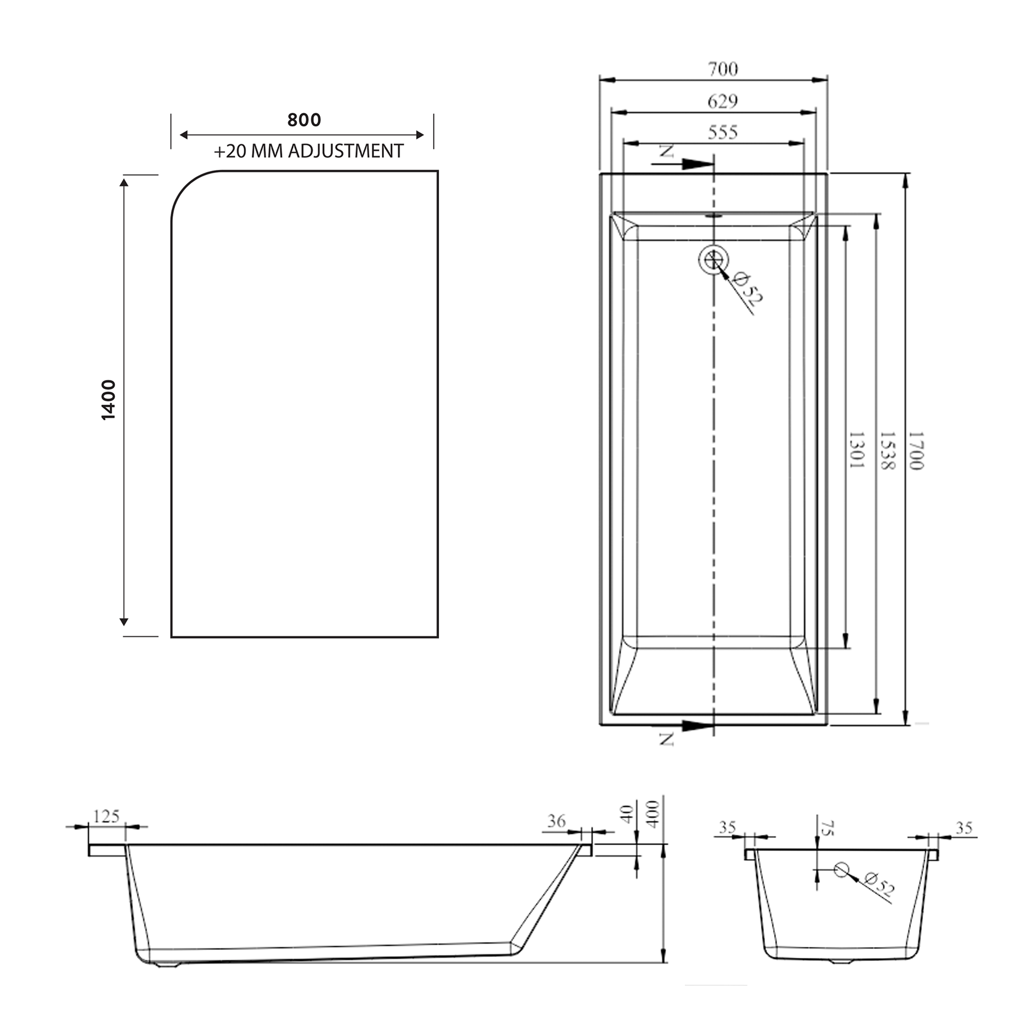 Armourcast Reinforced Slim Edge Square Single Ended Bath with Shower Screen - 1700mm