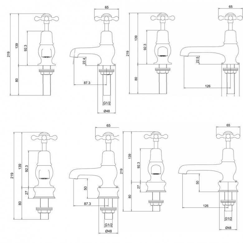 Burlington Claremont 3 or 5 Inch Basin Pillar Taps