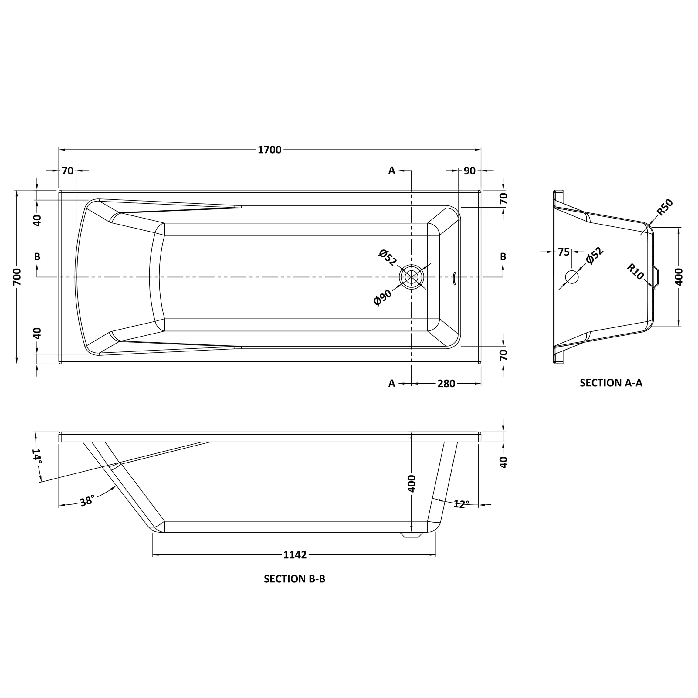 Drench Straight Single Ended Bath - Square