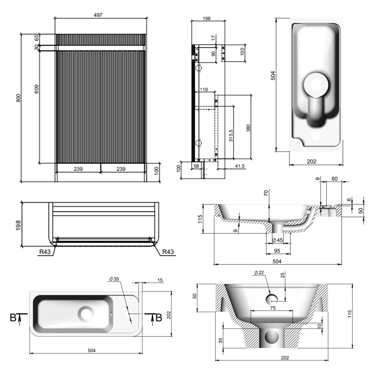 Drench Origin 500mm Fluted Cloakroom Floorstanding Vanity Unit & Basin