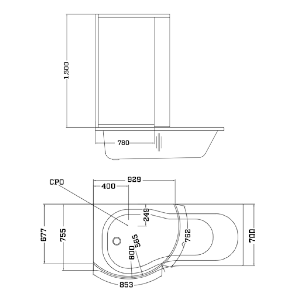Jonathan 1500 P-Shaped Enclosed Shower Bath with Screen & Front Panel - Right Hand