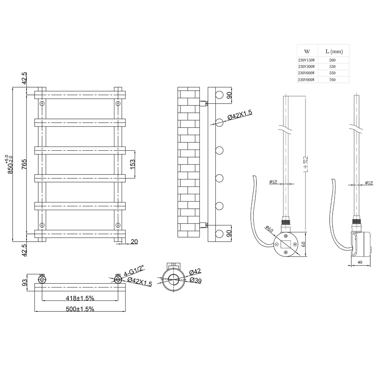 Toasty Yarrow Matt Black Electric Heated Towel Rail with Heating Element