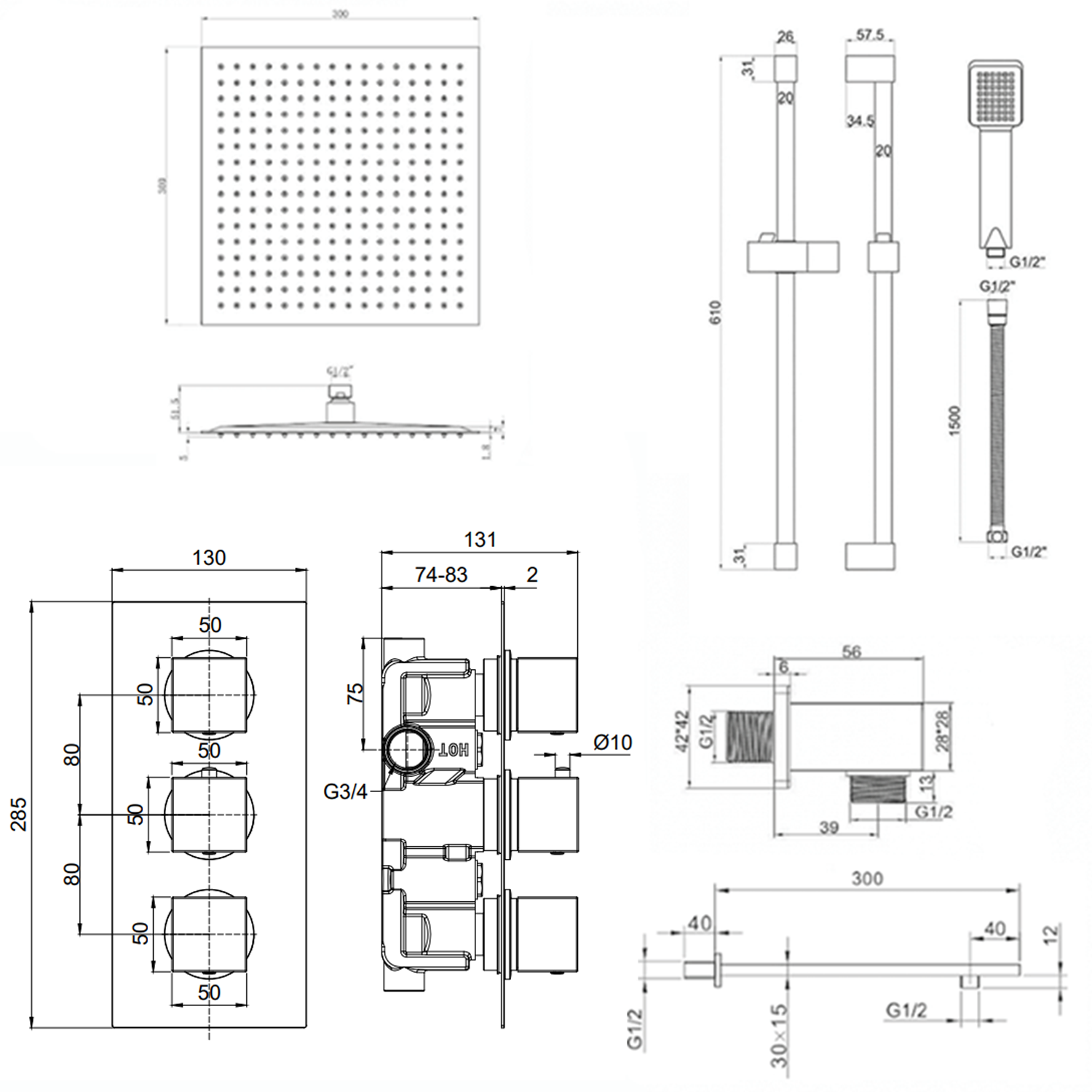 Harbour Status Concealed Shower Valve, Fixed Wall Mounted Head & Slide Rail Kit - Matt Black