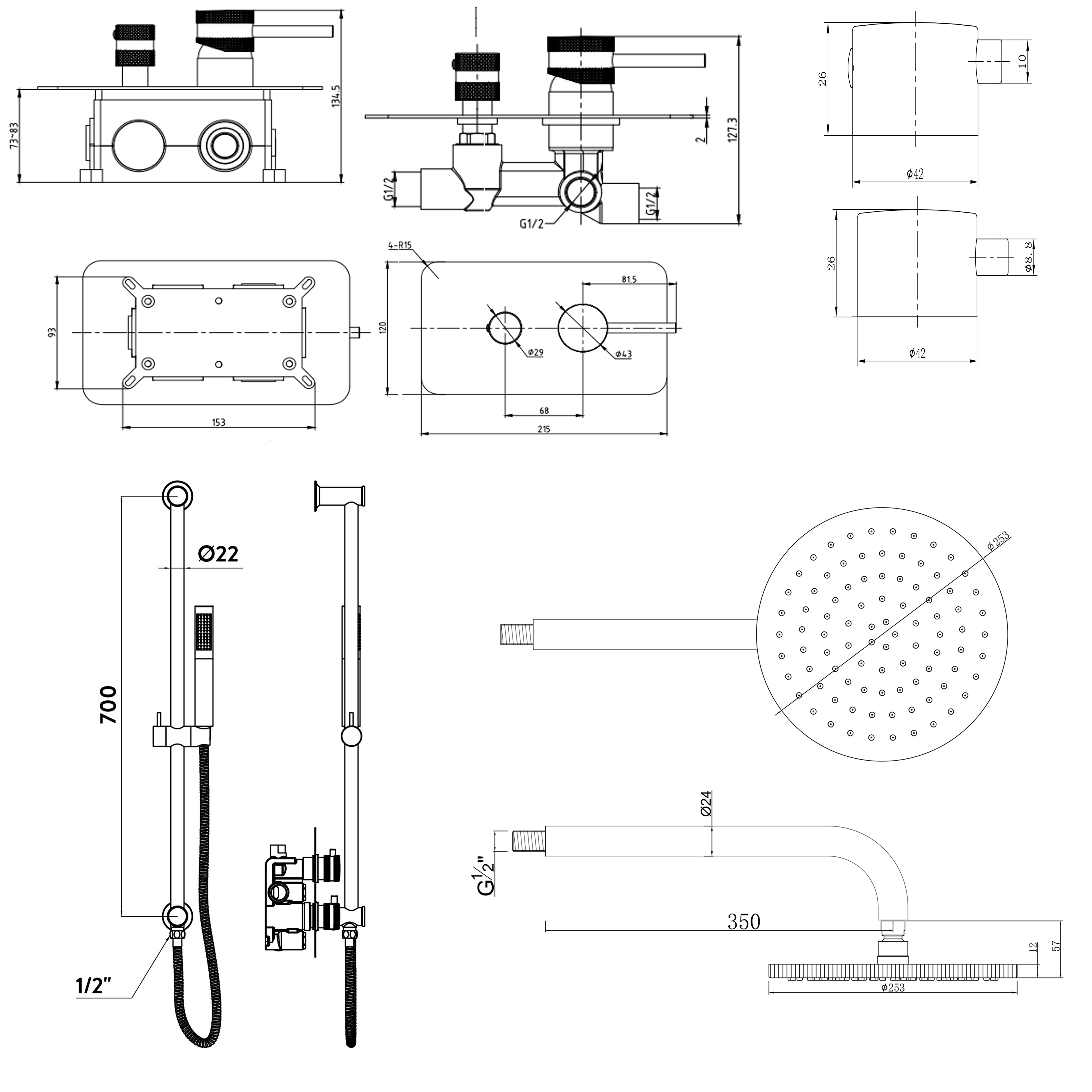 Core Shower Package with 2 Outlet Manual Valve, Fixed Wall Mounted Shower Head & Microphone Handset Slide Rail Kit