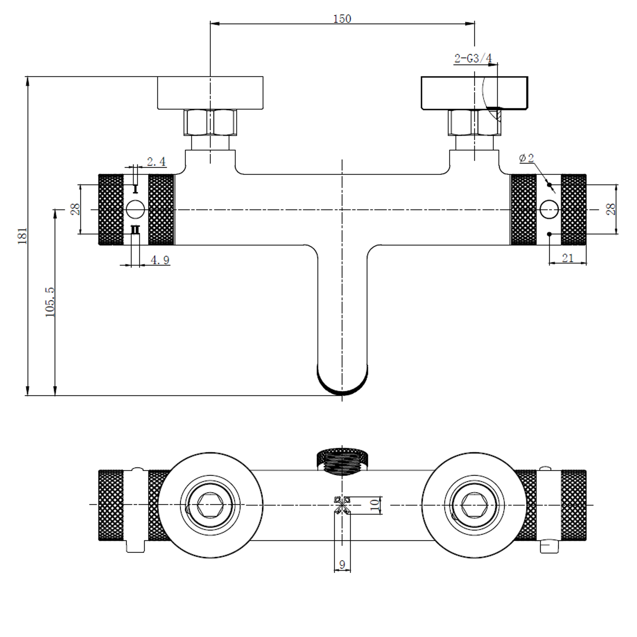 Core Wall Mounted 2 Outlet Thermostatic Bath Shower Mixer Tap