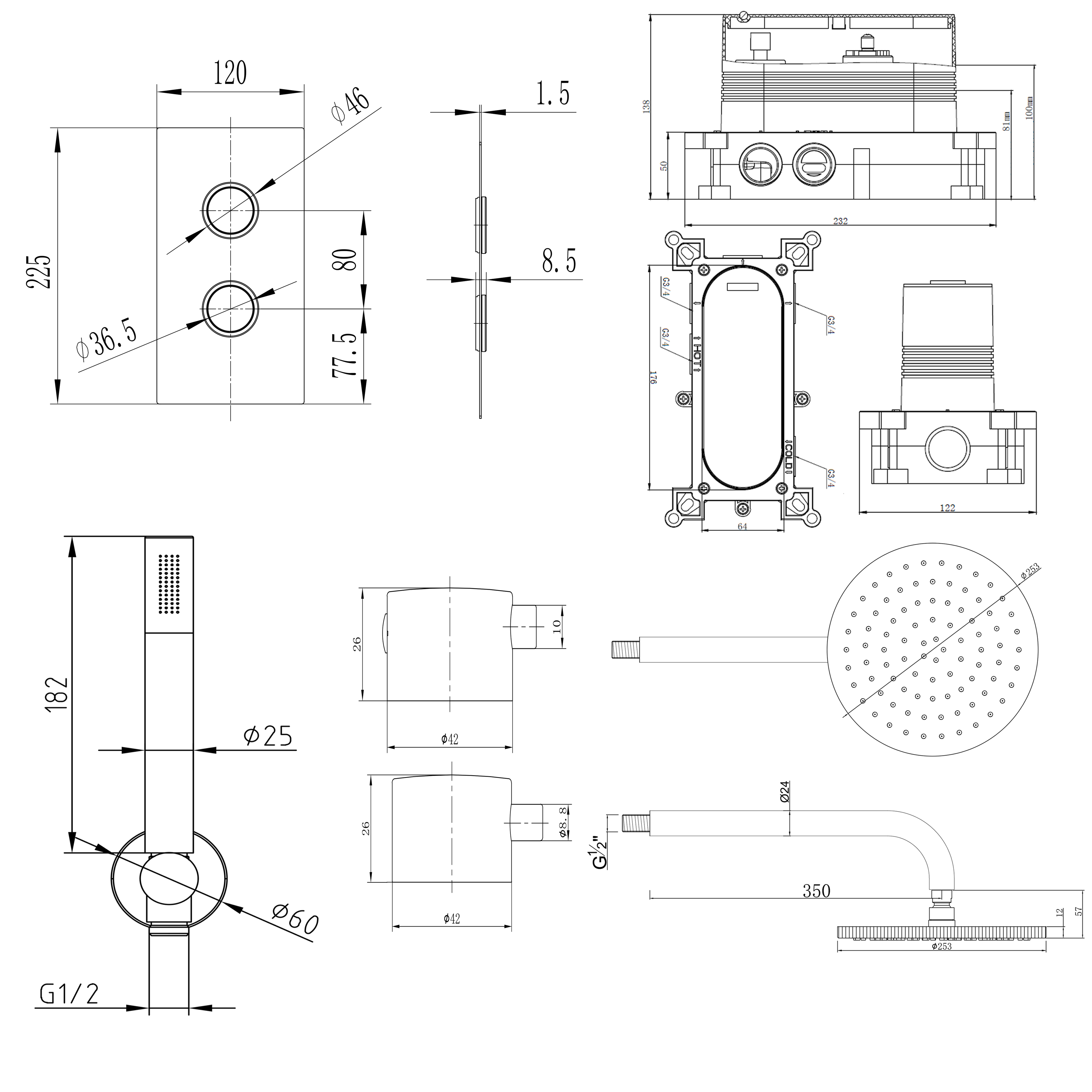 Core Concealed Thermostatic Valve, Fixed Head & Shower Handset Kit