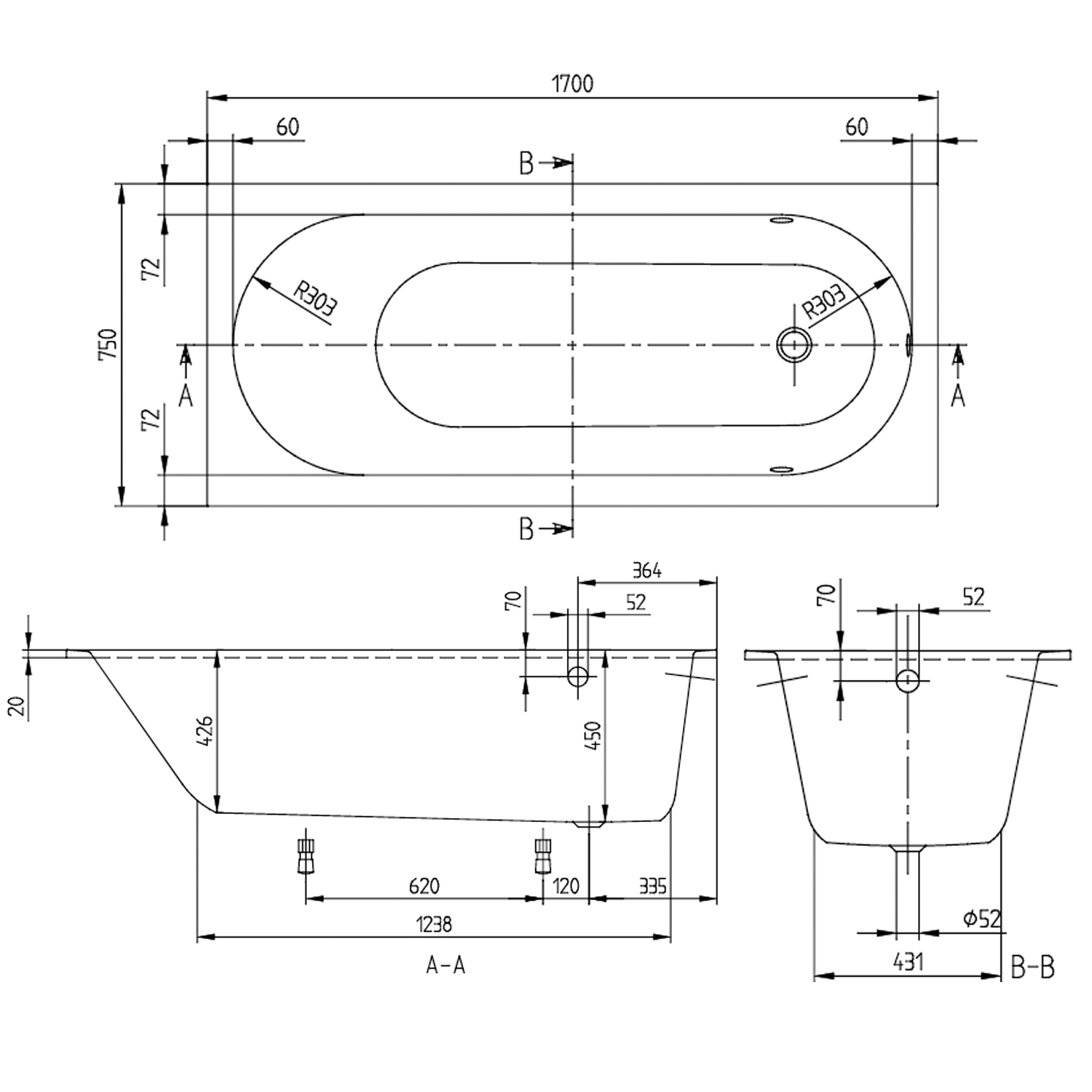 Villeroy & Boch Oberon Quaryl Straight Single Ended Bath - 1600, 1700 & 1800mm