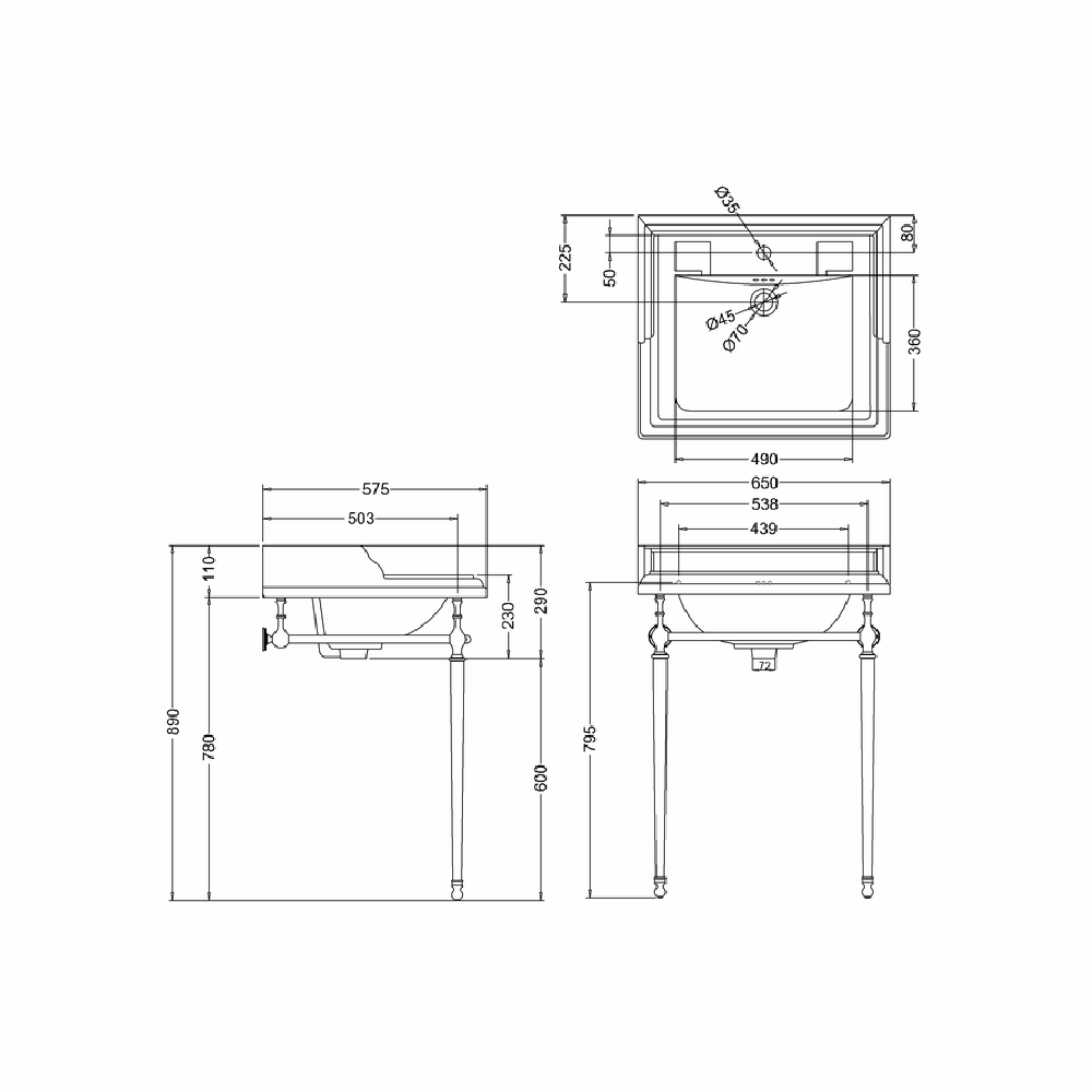 Burlington Classic Rectangular Basin with Chrome Wash Stand