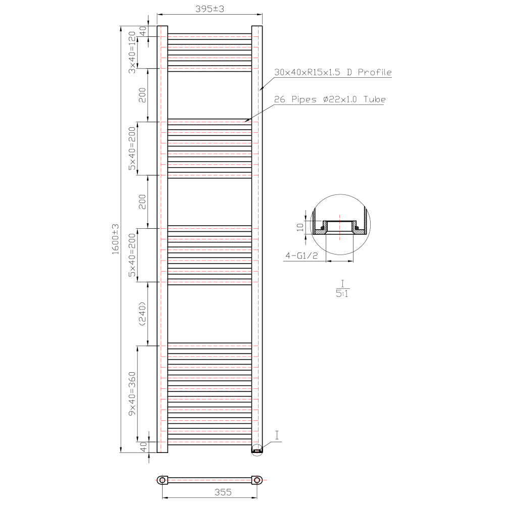 Brenton Chrome Straight Heated Towel Radiator - 22mm - H1600 x W400mm