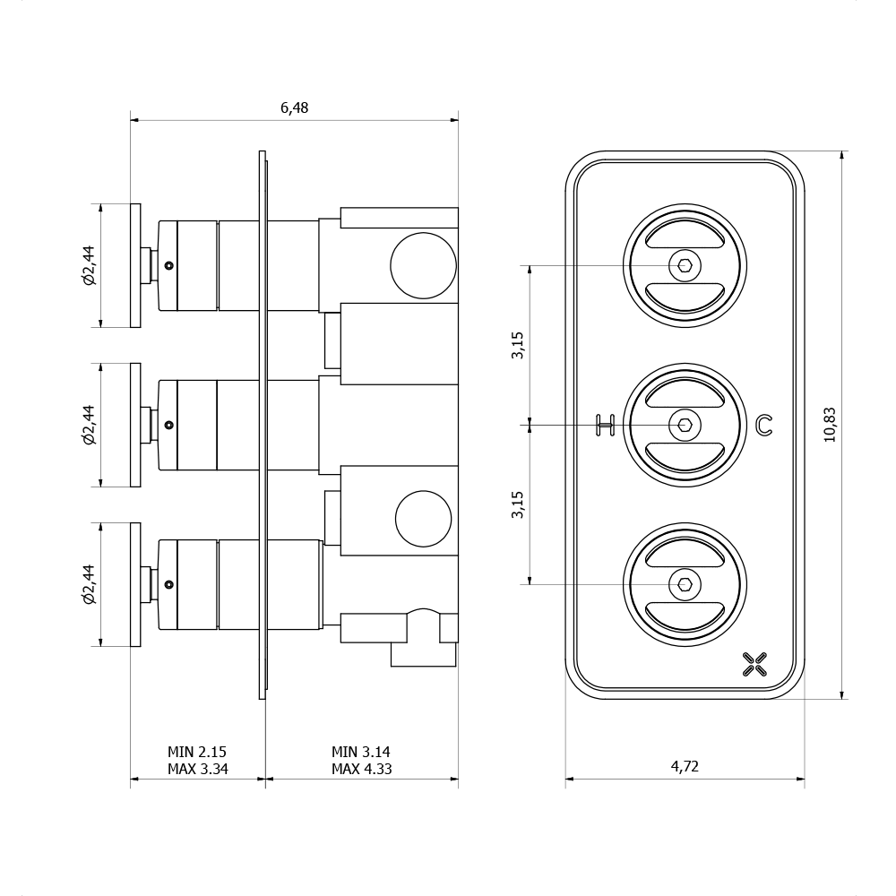 Crosswater Union 3 Outlet Landscape Concealed Thermostatic Shower Valve with Wheels - Brushed Brass