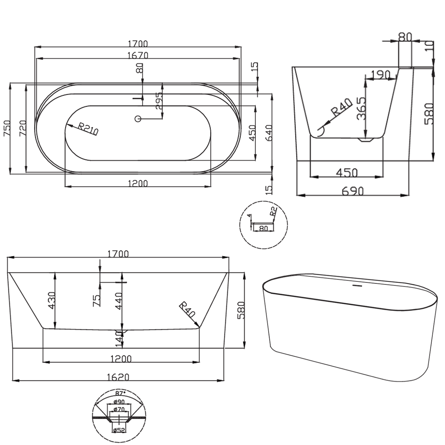 Alice Freestanding Bath with Integrated Tap Ledge - 1700 x 750mm